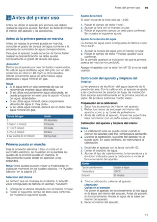 Antes del primer uso es
15
KAntes del primer uso
Antesdelprimeruso Antes de utilizar el aparato por primera vez deben
realizarse algunos ajustes. También se deberán limpiar
el interior del aparato y los accesorios.
Antes de la primera puesta en marcha
Antes de realizar la primera puesta en marcha,
consultar el grado de dureza del agua corriente a la
empresa de suministro de agua correspondiente.
Para que el aparato pueda recordar de forma fiable
realizar la descalcificación, se debe ajustar
correctamente el grado de dureza del agua.
¡Atención!
Daños en el aparato por uso de fluidos inadecuados.
No utilizar agua destilada, agua del grifo con un alto
contenido en cloro (> 40 mg/l) u otros líquidos.
Utilizar únicamente agua del grifo fresca, agua
ablandada o agua mineral sin gas.
Notas
■ Si el agua tiene un alto contenido de cal, se
recomienda emplear agua ablandada.
■ Si se utiliza exclusivamente agua ablandada, se
puede programar en este caso la opción «Dureza
del agua: ablandada».
■ Si se utiliza agua mineral, debe programarse
«Dureza del agua 4: muy dura».
■ Si se utiliza agua mineral, deberá ser en todo caso
agua mineral sin gas.
Primera puesta en marcha
Tras la conexión eléctrica o tras un corte en el
suministro eléctrico, se muestran en la pantalla los
ajustes de la primera puesta en marcha. El
requerimiento puede tardar en aparecer unos
segundos.
Nota: Estos ajustes pueden volver a modificarse en
cualquier momento en los Ajustes básicos. ~ "Ajustes
básicos" en la página 25
Selección del idioma
Lo primero que se muestra es el idioma. El aparato
viene configurado de fábrica en alemán, "Deutsch".
1. Configurar el idioma deseado con el mando circular.
2. Pulsar el siguiente campo de texto para confirmar.
Se muestra el siguiente ajuste.
Ajuste de la hora
El valor inicial de la hora son las 12:00.
1. Pulsar el campo de texto "Hora".
2. Ajustar la hora con el mando circular.
3. Pulsar el siguiente campo de texto para confirmar.
Se muestra el siguiente ajuste.
Ajuste de la dureza del agua
La dureza del agua viene configurada de fábrica como
"muy dura".
1. Ajustar la dureza del agua con el mando circular.
2. Pulsar el campo de texto "Finalizar ajustes" para
confirmar.
En la pantalla aparece la indicación de que la primera
puesta en marcha ha concluido.
Apagar el aparato con la tecla "on/off" ÿ si no se está
usando.
Calibración del aparato y limpieza del
interior
La temperatura de ebullición del agua depende de la
presión del aire. Con la calibración, el aparato se ajusta
a las condiciones de presión del lugar de instalación.
Esto sucede automáticamente en la primera cocción al
vapor. Se produce entonces mucho vapor.
Preparación de la calibración
1. Sacar los accesorios del interior del aparato.
2. Retirar los restos de embalaje del interior del
aparato, como p. ej. bolas de poliestireno.
3. Antes de calibrar el aparato, limpiar las superficies
lisas del interior con un paño suave y húmedo.
Calibración del aparato y limpieza del interior
Notas
■ La calibración solo se puede iniciar cuando el
interior del aparato esté frío (temperatura ambiente).
■ Durante la calibración, la puerta del aparato no se
puede abrir. En caso contrario, se interrumpirá la
calibración.
1. Encender el aparato con la tecla «on/off» ÿ.
2. Llenar el depósito de agua.
3. Ajustar el tipo de calentamiento, la temperatura y la
duración indicados para la calibración e iniciar el
funcionamiento del aparato.
4. Tras la calibración, calentar el aparato.
¡Atención!
Daños en el esmalte
No poner el aparato en funcionamiento si hay agua
en la base del interior del aparato. Antes de ponerlo
en funcionamiento, limpiar el agua de la base del
interior del aparato.
5. Secar el interior del aparato.
Dureza del agua Ajuste
0 00 ablandada
1 (hasta 1,3 mmol/l) 01 blanda
2 (1,3-2,5 mmol/l) 02 media
3 (2,5-3,8 mmol/l) 03 dura
4 (por encima de 3,8 mmol/l) 04 muy dura
Ajustes
Tipo de calentamiento Cocción al vapor
Temperatura 100 °C
Duración 30 minutos
 