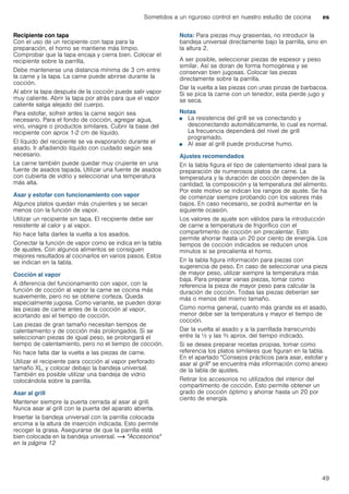 Sometidos a un riguroso control en nuestro estudio de cocina es
49
Recipiente con tapa
Con el uso de un recipiente con tapa para la
preparación, el horno se mantiene más limpio.
Comprobar que la tapa encaja y cierra bien. Colocar el
recipiente sobre la parrilla.
Debe mantenerse una distancia mínima de 3 cm entre
la carne y la tapa. La carne puede abrirse durante la
cocción.
Al abrir la tapa después de la cocción puede salir vapor
muy caliente. Abrir la tapa por atrás para que el vapor
caliente salga alejado del cuerpo.
Para estofar, sofreír antes la carne según sea
necesario. Para el fondo de cocción, agregar agua,
vino, vinagre o productos similares. Cubrir la base del
recipiente con aprox 1-2 cm de líquido.
El líquido del recipiente se va evaporando durante el
asado. Ir añadiendo líquido con cuidado según sea
necesario.
La carne también puede quedar muy crujiente en una
fuente de asados tapada. Utilizar una fuente de asados
con cubierta de vidrio y seleccionar una temperatura
más alta.
Asar y estofar con funcionamiento con vapor
Algunos platos quedan más crujientes y se secan
menos con la función de vapor.
Utilizar un recipiente sin tapa. El recipiente debe ser
resistente al calor y al vapor.
No hace falta darles la vuelta a los asados.
Conectar la función de vapor como se indica en la tabla
de ajustes. Con algunos alimentos se consiguen
mejores resultados al cocinarlos en varios pasos. Estos
se indican en la tabla.
Cocción al vapor
A diferencia del funcionamiento con vapor, con la
función de cocción al vapor la carne se cocina más
suavemente, pero no se obtiene corteza. Queda
especialmente jugosa. Como variante, se pueden dorar
las piezas de carne antes de la cocción al vapor,
acortando así el tiempo de cocción.
Las piezas de gran tamaño necesitan tiempos de
calentamiento y de cocción más prolongados. Si se
seleccionan piezas de igual peso, se prolongará el
tiempo de calentamiento, pero no el tiempo de cocción.
No hace falta dar la vuelta a las piezas de carne.
Utilizar el recipiente para cocción al vapor perforado
tamaño XL, y colocar debajo la bandeja universal.
También es posible utilizar una bandeja de vidrio
colocándola sobre la parrilla.
Asar al grill
Mantener siempre la puerta cerrada al asar al grill.
Nunca asar al grill con la puerta del aparato abierta.
Insertar la bandeja universal con la parrilla colocada
encima a la altura de inserción indicada. Esto permite
recoger la grasa. Asegurarse de que la parrilla está
bien colocada en la bandeja universal. ~ "Accesorios"
en la página 12
Nota: Para piezas muy grasientas, no introducir la
bandeja universal directamente bajo la parrilla, sino en
la altura 2.
A ser posible, seleccionar piezas de espesor y peso
similar. Así se doran de forma homogénea y se
conservan bien jugosas. Colocar las piezas
directamente sobre la parrilla.
Dar la vuelta a las piezas con unas pinzas de barbacoa.
Si se pica la carne con un tenedor, esta pierde jugo y
se seca.
Notas
■ La resistencia del grill se va conectando y
desconectando automáticamente, lo cual es normal.
La frecuencia dependerá del nivel de grill
programado.
■ Al asar al grill puede producirse humo.
Ajustes recomendados
En la tabla figura el tipo de calentamiento ideal para la
preparación de numerosos platos de carne. La
temperatura y la duración de cocción dependen de la
cantidad, la composición y la temperatura del alimento.
Por este motivo se indican los rangos de ajuste. Se ha
de comenzar siempre probando con los valores más
bajos. En caso necesario, se podrá aumentar en la
siguiente ocasión.
Los valores de ajuste son válidos para la introducción
de carne a temperatura de frigorífico con el
compartimento de cocción sin precalentar. Esto
permite ahorrar hasta un 20 por ciento de energía. Los
tiempos de cocción indicados se reducen unos
minutos si se precalienta el horno.
En la tabla figura información para piezas con
sugerencia de peso. En caso de seleccionar una pieza
de mayor peso, utilizar siempre la temperatura más
baja. Para preparar varias piezas, tomar como
referencia la pieza de mayor peso para calcular la
duración de cocción. Todas las piezas deberían ser
más o menos del mismo tamaño.
Como norma general, cuanto más grande es el asado,
menor debe ser la temperatura y mayor el tiempo de
cocción.
Dar la vuelta al asado y a la parrillada transcurrido
entre la ^ y las Z aprox. del tiempo indicado.
Si se desea preparar recetas propias, tomar como
referencia los platos similares que figuran en la tabla.
En el apartado "Consejos prácticos para asar, estofar y
asar al grill" se encuentra más información como anexo
de la tabla de ajustes.
Retirar los accesorios no utilizados del interior del
compartimento de cocción. Esto permite obtener un
grado de cocción óptimo y ahorrar hasta un 20 por
ciento de energía.
 
