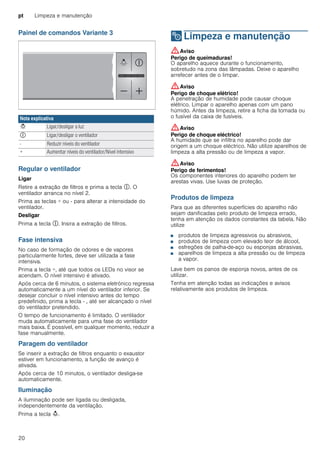 pt Limpeza e manutenção
20
Painel de comandos Variante 3
Regular o ventilador
Ligar
Retire a extração de filtros e prima a tecla #. O
ventilador arranca no nível 2.
Prima as teclas + ou - para alterar a intensidade do
ventilador.
Desligar
Prima a tecla #. Insira a extração de filtros.
Fase intensiva
No caso de formação de odores e de vapores
particularmente fortes, deve ser utilizada a fase
intensiva.
Prima a tecla +, até que todos os LEDs no visor se
acendam. O nível intensivo é ativado.
Após cerca de 6 minutos, o sistema eletrónico regressa
automaticamente a um nível do ventilador inferior. Se
desejar concluir o nível intensivo antes do tempo
predefinido, prima a tecla - , até ser alcançado o nível
do ventilador pretendido.
O tempo de funcionamento é limitado. O ventilador
muda automaticamente para uma fase do ventilador
mais baixa. É possível, em qualquer momento, reduzir a
fase manualmente.
Paragem do ventilador
Se inserir a extração de filtros enquanto o exaustor
estiver em funcionamento, a função de avanço é
ativada.
Após cerca de 10 minutos, o ventilador desliga-se
automaticamente.
Iluminação
A iluminação pode ser ligada ou desligada,
independentemente da ventilação.
Prima a tecla A.
2 Limpeza e manutenção
Limpezaemanutenção :Aviso
Perigo de queimaduras!
O aparelho aquece durante o funcionamento,
sobretudo na zona das lâmpadas. Deixe o aparelho
arrefecer antes de o limpar.
:Aviso
Perigo de choque elétrico!
A penetração de humidade pode causar choque
elétrico. Limpar o aparelho apenas com um pano
húmido. Antes da limpeza, retire a ficha da tomada ou
o fusível da caixa de fusíveis.
:Aviso
Perigo de choque eléctrico!
A humidade que se infiltra no aparelho pode dar
origem a um choque eléctrico. Não utilize aparelhos de
limpeza a alta pressão ou de limpeza a vapor.
:Aviso
Perigo de ferimentos!
Os componentes interiores do aparelho podem ter
arestas vivas. Use luvas de proteção.
Produtos de limpeza
Para que as diferentes superfícies do aparelho não
sejam danificadas pelo produto de limpeza errado,
tenha em atenção os dados constantes da tabela. Não
utilize
■ produtos de limpeza agressivos ou abrasivos,
■ produtos de limpeza com elevado teor de álcool,
■ esfregões de palha-de-aço ou esponjas abrasivas,
■ aparelhos de limpeza a alta pressão ou de limpeza
a vapor.
Lave bem os panos de esponja novos, antes de os
utilizar.
Tenha em atenção todas as indicações e avisos
relativamente aos produtos de limpeza.
Nota explicativa
< Ligar/desligar a luz
# Ligar/desligar o ventilador
- Reduzir níveis do ventilador
+ Aumentar níveis do ventilador/Nível intensivo
 