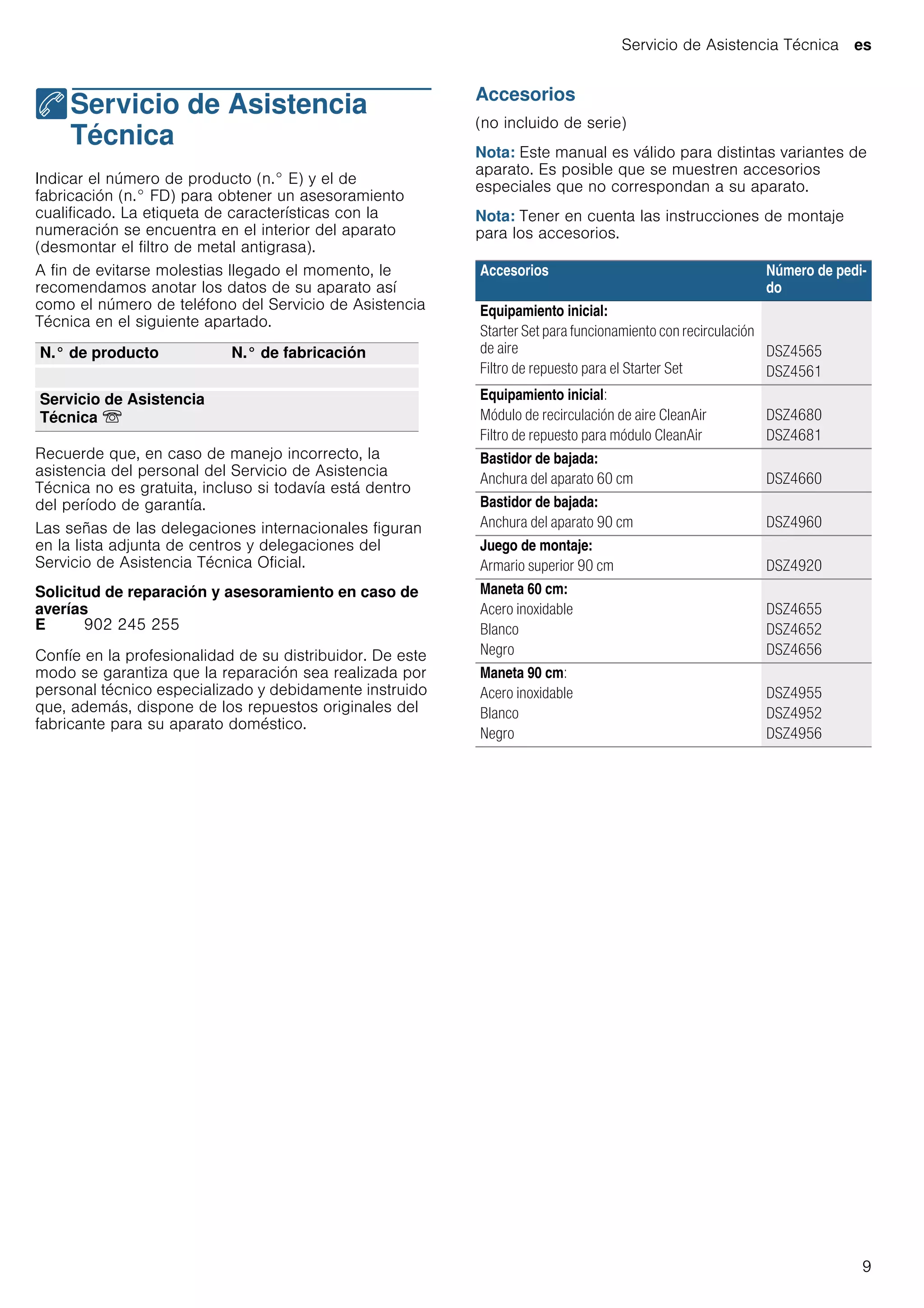 Servicio de Asistencia Técnica es
9
4Servicio de Asistencia
Técnica
ServiciodeAsistenciaTécnica Indicar el número de producto (n.° E) y el de
fabricación (n.° FD) para obtener un asesoramiento
cualificado. La etiqueta de características con la
numeración se encuentra en el interior del aparato
(desmontar el filtro de metal antigrasa).
A fin de evitarse molestias llegado el momento, le
recomendamos anotar los datos de su aparato así
como el número de teléfono del Servicio de Asistencia
Técnica en el siguiente apartado.
Recuerde que, en caso de manejo incorrecto, la
asistencia del personal del Servicio de Asistencia
Técnica no es gratuita, incluso si todavía está dentro
del período de garantía.
Las señas de las delegaciones internacionales figuran
en la lista adjunta de centros y delegaciones del
Servicio de Asistencia Técnica Oficial.
Solicitud de reparación y asesoramiento en caso de
averías
Confíe en la profesionalidad de su distribuidor. De este
modo se garantiza que la reparación sea realizada por
personal técnico especializado y debidamente instruido
que, además, dispone de los repuestos originales del
fabricante para su aparato doméstico.
Accesorios
(no incluido de serie)
Nota: Este manual es válido para distintas variantes de
aparato. Es posible que se muestren accesorios
especiales que no correspondan a su aparato.
Nota: Tener en cuenta las instrucciones de montaje
para los accesorios.
--------
N.° de producto N.° de fabricación
Servicio de Asistencia
Técnica O
E 902 245 255
Accesorios Número de pedi-
do
Equipamiento inicial:
Starter Set para funcionamiento con recirculación
de aire
Filtro de repuesto para el Starter Set
DSZ4565
DSZ4561
Equipamiento inicial:
Módulo de recirculación de aire CleanAir
Filtro de repuesto para módulo CleanAir
DSZ4680
DSZ4681
Bastidor de bajada:
Anchura del aparato 60 cm DSZ4660
Bastidor de bajada:
Anchura del aparato 90 cm DSZ4960
Juego de montaje:
Armario superior 90 cm DSZ4920
Maneta 60 cm:
Acero inoxidable
Blanco
Negro
DSZ4655
DSZ4652
DSZ4656
Maneta 90 cm:
Acero inoxidable
Blanco
Negro
DSZ4955
DSZ4952
DSZ4956
 
