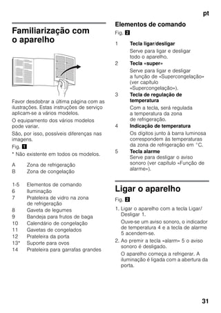 pt
31
Familiarização com
o aparelho
Favor desdobrar a última página com as
ilustrações. Estas instruções de serviço
aplicam-se a vários modelos.
O equipamento dos vários modelos
pode variar.
São, por isso, possíveis diferenças nas
imagens.
Fig. !
* Não existente em todos os modelos.
Elementos de comando
Fig. "
Ligar o aparelho
Fig. "
1. Ligar o aparelho com a tecla Ligar/
Desligar 1.
Ouve-se um aviso sonoro, o indicador
de temperatura 4 e a tecla de alarme
5 acendem-se.
2. Ao premir a tecla «alarm» 5 o aviso
sonoro é desligado.
O aparelho começa a refrigerar. A
iluminação é ligada com a abertura da
porta.
A Zona de refrigeração
B Zona de congelação
1-5 Elementos de comando
6 Iluminação
7 Prateleira de vidro na zona
de refrigeração
8 Gaveta de legumes
9 Bandeja para frutos de baga
10 Calendário de congelação
11 Gavetas de congelados
12 Prateleira da porta
13* Suporte para ovos
14 Prateleira para garrafas grandes
1 Tecla ligar/desligar
Serve para ligar e desligar
todo o aparelho.
2 Tecla «super»
Serve para ligar e desligar
a função de «Supercongelação»
(ver capítulo
«Supercongelação»).
3 Tecla de regulação de
temperatura
Com a tecla, será regulada
a temperatura da zona
de refrigeração.
4 Indicação de temperatura
Os dígitos junto à barra luminosa
correspondem às temperaturas
da zona de refrigeração em °C.
5 Tecla alarme
Serve para desligar o aviso
sonoro (ver capítulo «Função de
alarme»).
 