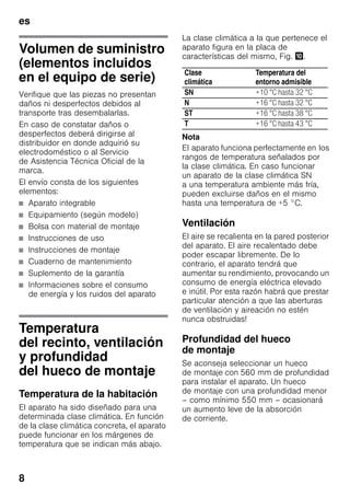 es
8
Volumen de suministro
(elementos incluidos
en el equipo de serie)
Verifique que las piezas no presentan
daños ni desperfectos debidos al
transporte tras desembalarlas.
En caso de constatar daños o
desperfectos deberá dirigirse al
distribuidor en donde adquirió su
electrodoméstico o al Servicio
de Asistencia Técnica Oficial de la
marca.
El envío consta de los siguientes
elementos:
■ Aparato integrable
■ Equipamiento (según modelo)
■ Bolsa con material de montaje
■ Instrucciones de uso
■ Instrucciones de montaje
■ Cuaderno de mantenimiento
■ Suplemento de la garantía
■ Informaciones sobre el consumo
de energía y los ruidos del aparato
Temperatura
del recinto, ventilación
y profundidad
del hueco de montaje
Temperatura de la habitación
El aparato ha sido diseñado para una
determinada clase climática. En función
de la clase climática concreta, el aparato
puede funcionar en los márgenes de
temperatura que se indican más abajo.
La clase climática a la que pertenece el
aparato figura en la placa de
características del mismo, Fig. *.
Nota
El aparato funciona perfectamente en los
rangos de temperatura señalados por
la clase climática. En caso funcionar
un aparato de la clase climática SN
a una temperatura ambiente más fría,
pueden excluirse daños en el mismo
hasta una temperatura de +5 °C.
Ventilación
El aire se recalienta en la pared posterior
del aparato. El aire recalentado debe
poder escapar libremente. De lo
contrario, el aparato tendrá que
aumentar su rendimiento, provocando un
consumo de energía eléctrica elevado
e inútil. Por esta razón habrá que prestar
particular atención a que las aberturas
de ventilación y aireación no estén
nunca obstruidas!
Profundidad del hueco
de montaje
Se aconseja seleccionar un hueco
de montaje con 560 mm de profundidad
para instalar el aparato. Un hueco
de montaje con una profundidad menor
– como mínimo 550 mm – ocasionará
un aumento leve de la absorción
de corriente.
Clase
climática
Temperatura del
entorno admisible
SN +10 °C hasta 32 °C
N +16 °C hasta 32 °C
ST +16 °C hasta 38 °C
T +16 °C hasta 43 °C
 