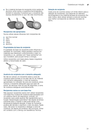 Cozedura por indução pt
31
■ Se o material da base do recipiente incluir partes de
alumínio, entre outros, a superfície ferromagnética
também é reduzida. É possível que o recipiente não
aqueça devidamente ou que não seja reconhecido.
Recipientes não apropriados
Nunca utilizar placas difusoras nem recipientes de:
■ aço fino normal
■ vidro
■ barro
■ cobre
■ alumínio
Propriedades da base do recipiente
A qualidade da base do recipiente pode influenciar o
resultado do cozinhado. Utilize panelas e tachos em
materiais que distribuem uniformemente o calor no
recipiente, p. ex., panelas com "base sanduíche" em
aço inoxidável, para poupar tempo e energia.
Utilize recipientes com base plana, bases irregulares
afetam a transmissão do calor.
Ausência de recipiente com o tamanho adequado
Se não se colocar um recipiente sobre a zona de
cozedura seleccionada ou se este não for do material
nem tamanho adequados, o nível de cozedura,
apresentado no indicador da zona de cozedura, pisca.
Colocar o recipiente adequado para que pare de
piscar. Se demorar mais do que 90 segundos, a zona
de cozedura desliga-se automaticamente.
Recipientes vazios ou com base fina
Não aquecer recipientes vazios nem utilizar recipientes
com base fina. A placa de cozedura está equipada com
um sistema interno de segurança, contudo, um
recipiente vazio pode aquecer tão rapidamente que a
função "desactivação automática" não dispõe de tempo
suficiente para o impedir e este pode atingir uma
temperatura bastante elevada. A base do recipiente
poderia até derreter e danificar o vidro da placa. Neste
caso, não tocar no recipiente e desligar a zona de
cozedura. Se depois de arrefecer não funcionar, entrar
em contacto com o Serviço de Assistência Técnica.
Deteção de recipiente
Cada zona de cozinhar possui um limite inferior para a
deteção de recipientes, que depende do diâmetro
ferromagnético e do material da base do recipiente. Por
este motivo, deve utilizar sempre a zona de cozinhar
que melhor corresponde ao diâmetro da base do
tacho.
 