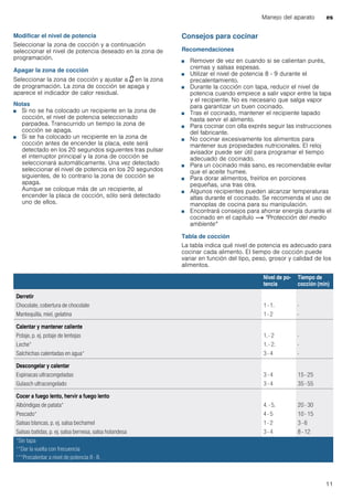 Manejo del aparato es
11
Modificar el nivel de potencia
Seleccionar la zona de cocción y a continuación
seleccionar el nivel de potencia deseado en la zona de
programación.
Apagar la zona de cocción
Seleccionar la zona de cocción y ajustar a ‹ en la zona
de programación. La zona de cocción se apaga y
aparece el indicador de calor residual.
Notas
■ Si no se ha colocado un recipiente en la zona de
cocción, el nivel de potencia seleccionado
parpadea. Transcurrido un tiempo la zona de
cocción se apaga.
■ Si se ha colocado un recipiente en la zona de
cocción antes de encender la placa, este será
detectado en los 20 segundos siguientes tras pulsar
el interruptor principal y la zona de cocción se
seleccionará automáticamente. Una vez detectado
seleccionar el nivel de potencia en los 20 segundos
siguientes, de lo contrario la zona de cocción se
apaga.
Aunque se coloque más de un recipiente, al
encender la placa de cocción, sólo será detectado
uno de ellos.
Consejos para cocinar
Recomendaciones
■ Remover de vez en cuando si se calientan purés,
cremas y salsas espesas.
■ Utilizar el nivel de potencia 8 - 9 durante el
precalentamiento.
■ Durante la cocción con tapa, reducir el nivel de
potencia cuando empiece a salir vapor entre la tapa
y el recipiente. No es necesario que salga vapor
para garantizar un buen cocinado.
■ Tras el cocinado, mantener el recipiente tapado
hasta servir el alimento.
■ Para cocinar con olla exprés seguir las instrucciones
del fabricante.
■ No cocinar excesivamente los alimentos para
mantener sus propiedades nutricionales. El reloj
avisador puede ser útil para programar el tiempo
adecuado de cocinado.
■ Para un cocinado más sano, es recomendable evitar
que el aceite humee.
■ Para dorar alimentos, freírlos en porciones
pequeñas, una tras otra.
■ Algunos recipientes pueden alcanzar temperaturas
altas durante el cocinado. Se recomienda el uso de
manoplas de cocina para su manipulación.
■ Encontrará consejos para ahorrar energía durante el
cocinado en el capítulo ~ "Protección del medio
ambiente"
Tabla de cocción
La tabla indica qué nivel de potencia es adecuado para
cocinar cada alimento. El tiempo de cocción puede
variar en función del tipo, peso, grosor y calidad de los
alimentos.
Nivel de po-
tencia
Tiempo de
cocción (min)
Derretir
Chocolate, cobertura de chocolate 1 - 1. -
Mantequilla, miel, gelatina 1 - 2 -
Calentar y mantener caliente
Potaje, p. ej. potaje de lentejas 1. - 2 -
Leche* 1. - 2. -
Salchichas calentadas en agua* 3 - 4 -
Descongelar y calentar
Espinacas ultracongeladas 3 - 4 15 - 25
Gulasch ultracongelado 3 - 4 35 - 55
Cocer a fuego lento, hervir a fuego lento
Albóndigas de patata* 4. - 5. 20 - 30
Pescado* 4 - 5 10 - 15
Salsas blancas, p. ej. salsa bechamel 1 - 2 3 - 6
Salsas batidas, p. ej. salsa bernesa, salsa holandesa 3 - 4 8 - 12
*Sin tapa
**Dar la vuelta con frecuencia
***Precalentar a nivel de potencia 8 - 8.
 