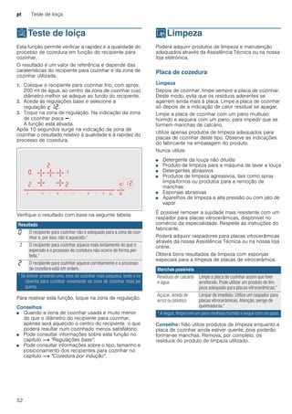 pt Teste de loiça
52
tTeste de loiça
Testedeloiça Esta função permite verificar a rapidez e a qualidade do
processo de cozedura em função do recipiente para
cozinhar.
O resultado é um valor de referência e depende das
caraterísticas do recipiente para cozinhar e da zona de
cozinhar utilizada.
1. Coloque o recipiente para cozinhar frio, com aprox.
200 ml de água, ao centro da zona de cozinhar cujo
diâmetro melhor se adeque ao fundo do recipiente.
2. Aceda às regulações base e selecione a
regulação ™‚ƒ.
3. Toque na zona de regulação. Na indicação da zona
de cozinhar pisca A.
A função está ativada.
Após 10 segundos surge na indicação da zona de
cozinhar o resultado relativo à qualidade e à rapidez do
processo de cozedura.
Verifique o resultado com base na seguinte tabela:
Para reativar esta função, toque na zona de regulação.
Conselhos
■ Quando a zona de cozinhar usada é muito menor
do que o diâmetro do recipiente para cozinhar,
apenas será aquecido o centro do recipiente o que
poderá resultar num cozinhado menos satisfatório.
■ Pode consultar informações sobre esta função no
capítulo ~ "Regulações base".
■ Pode consultar informações sobre o tipo, tamanho e
posicionamento dos recipientes para cozinhar no
capítulo ~ "Cozedura por indução".
DLimpeza
Limpeza Poderá adquirir produtos de limpeza e manutenção
adequados através da Assistência Técnica ou na nossa
loja eletrónica.
Placa de cozedura
Limpeza
Depois de cozinhar, limpe sempre a placa de cozinhar.
Deste modo, evita que os resíduos aderentes se
agarrem ainda mais à placa. Limpe a placa de cozinhar
só depois de a indicação de calor residual se apagar.
Limpe a placa de cozinhar com um pano multiuso
húmido e seque-a com um pano, para impedir que se
formem manchas de calcário.
Utilize apenas produtos de limpeza adequados para
placas de cozinhar deste tipo. Observe as indicações
do fabricante na embalagem do produto.
Nunca utilize:
■ Detergente da louça não diluído
■ Produto de limpeza para a máquina de lavar a louça
■ Detergentes abrasivos
■ Produtos de limpeza agressivos, tais como spray
limpa-fornos ou produtos para a remoção de
manchas
■ Esponjas abrasivas
■ Aparelhos de limpeza a alta pressão ou com jato de
vapor
É possível remover a sujidade mais resistente com um
raspador para placas vitrocerâmicas, disponível no
comércio da especialidade. Respeite as instruções do
fabricante.
Poderá adquirir raspadores para placas vitrocerâmicas
através da nossa Assistência Técnica ou na nossa loja
online.
Obterá bons resultados de limpeza com esponjas
especiais para a limpeza de placas de vitrocerâmica.
Conselho: Não utilize produtos de limpeza enquanto a
placa de cozinhar ainda estiver quente, pois poderão
formar-se manchas. Remova, por completo, os
resíduos do produto de limpeza utilizado.
Resultado
‹ O recipiente para cozinhar não é adequado para a zona de cozi-
nhar e, por isso, não é aquecido.*
‚ O recipiente para cozinhar aquece mais lentamente do que o
esperado e o processo de cozedura não ocorre de forma per-
feita.*
ƒ O recipiente para cozinhar aquece corretamente e o processo
de cozedura está em ordem.
* Se estiver presente uma zona de cozinhar mais pequena, teste o re-
cipiente para cozinhar novamente na zona de cozinhar mais pe-
quena.
Manchas possíveis
Resíduos de calcário
e água
Limpe a placa de cozinhar assim que tiver
arrefecido. Pode utilizar um produto de lim-
peza adequado para placas vitrocerâmicas.*
Açúcar, amido de
arroz ou plástico
Limpar de imediato. Utilize um raspador para
placas vitrocerâmicas. Atenção: perigo de
queimaduras.*
* A seguir, limpe com um pano multiuso húmido e seque com um pano.
 