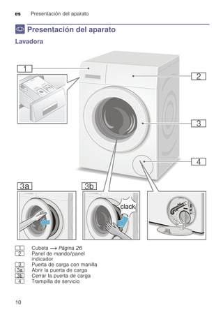 es Presentación del aparato
10
* Presentación del aparato
Presentacióndelaparato Lavadora
( Cubeta ~ Página 26
0 Panel de mando/panel
indicador
8 Puerta de carga con manilla
9S Abrir la puerta de carga
9T Cerrar la puerta de carga
@ Trampilla de servicio
 