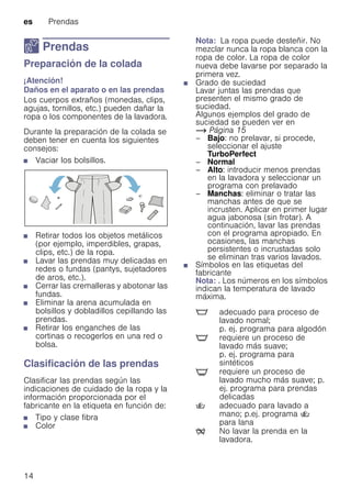 es Prendas
14
Z Prendas
PrendasPreparación de la colada
¡Atención!
Daños en el aparato o en las prendas
Los cuerpos extraños (monedas, clips,
agujas, tornillos, etc.) pueden dañar la
ropa o los componentes de la lavadora.
Durante la preparación de la colada se
deben tener en cuenta los siguientes
consejos:
■ Vaciar los bolsillos.
■ Retirar todos los objetos metálicos
(por ejemplo, imperdibles, grapas,
clips, etc.) de la ropa.
■ Lavar las prendas muy delicadas en
redes o fundas (pantys, sujetadores
de aros, etc.).
■ Cerrar las cremalleras y abotonar las
fundas.
■ Eliminar la arena acumulada en
bolsillos y dobladillos cepillando las
prendas.
■ Retirar los enganches de las
cortinas o recogerlos en una red o
bolsa.
Clasificación de las prendas
Clasificar las prendas según las
indicaciones de cuidado de la ropa y la
información proporcionada por el
fabricante en la etiqueta en función de:
■ Tipo y clase fibra
■ Color
Nota: La ropa puede desteñir. No
mezclar nunca la ropa blanca con la
ropa de color. La ropa de color
nueva debe lavarse por separado la
primera vez.
■ Grado de suciedad
Lavar juntas las prendas que
presenten el mismo grado de
suciedad.
Algunos ejemplos del grado de
suciedad se pueden ver en
~ Página 15
– Bajo: no prelavar, si procede,
seleccionar el ajuste
TurboPerfect
– Normal
– Alto: introducir menos prendas
en la lavadora y seleccionar un
programa con prelavado
– Manchas: eliminar o tratar las
manchas antes de que se
incrusten. Aplicar en primer lugar
agua jabonosa (sin frotar). A
continuación, lavar las prendas
con el programa apropiado. En
ocasiones, las manchas
persistentes o incrustadas solo
se eliminan tras varios lavados.
■ Símbolos en las etiquetas del
fabricante
Nota: . Los números en los símbolos
indican la temperatura de lavado
máxima.
M adecuado para proceso de
lavado nomal;
p. ej. programa para algodón
N requiere un proceso de
lavado más suave;
p. ej. programa para
sintéticos
O requiere un proceso de
lavado mucho más suave; p.
ej. programa para prendas
delicadas
W adecuado para lavado a
mano; p.ej. programa W
para lana
Ž No lavar la prenda en la
lavadora.
 