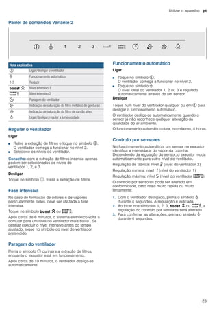 Utilizar o aparelho pt
23
Painel de comandos Variante 2
Regular o ventilador
Ligar
■ Retire a extração de filtros e toque no símbolo %.
O ventilador começa a funcionar no nível 2.
■ Selecione os níveis do ventilador.
Conselho: com a extração de filtros inserida apenas
podem ser selecionados os níveis do
ventilador 1, 2, e 3.
Desligar
Toque no símbolo %. Insira a extração de filtros.
Fase intensiva
No caso de formação de odores e de vapores
particularmente fortes, deve ser utilizada a fase
intensiva.
Toque no símbolo C ou D.
Após cerca de 6 minutos, o sistema eletrónico volta a
comutar para um nível do ventilador mais baixo . Se
desejar concluir o nível intensivo antes do tempo
ajustado, toque no símbolo do nível do ventilador
pretendido.
Paragem do ventilador
Prima o símbolo y ou insira a extração de filtros,
enquanto o exaustor está em funcionamento.
Após cerca de 10 minutos, o ventilador desliga-se
automaticamente.
Funcionamento automático
Ligar
■ Toque no símbolo #.
O ventilador começa a funcionar no nível 2.
■ Toque no símbolo >.
O nível ideal do ventilador 1, 2 ou 3 é regulado
automaticamente através de um sensor.
Desligar
Toque num nível do ventilador qualquer ou em # para
desligar o funcionamento automático.
O ventilador desliga-se automaticamente quando o
sensor já não reconhece qualquer alteração da
qualidade do ar ambiente.
O funcionamento automático dura, no máximo, 4 horas.
Controlo por sensores
No funcionamento automático, um sensor no exaustor
identifica a intensidade do vapor da cozinha.
Dependendo da regulação do sensor, o exaustor muda
automaticamente para outro nível do ventilador.
Regulação de fábrica: nível „ (nível do ventilador 3)
Regulação mínima: nível ‚ (nível do ventilador 1)
Regulação máxima: nível † (nível do ventilador D)
O controlo por sensores pode ser alterado em
conformidade, caso reaja muito rapida ou muito
lentamente:
1. Com o ventilador desligado, prima o símbolo >
durante 4 segundos. A regulação é indicada.
2. Ao tocar nos símbolos 1, 2, 3, C ou D, a
regulação do controlo por sensores será alterada.
3. Para confirmar as alterações, prima o símbolo >
durante 4 segundos.
Nota explicativa
# Ligar/desligar o ventilador
> Funcionamento automático
1-3 Reduzir
C Nível intensivo 1
D Nível intensivo 2
% Paragem do ventilador
E Indicação de saturação do filtro metálico de gorduras
F Indicação de saturação do filtro de carvão ativo
B Ligar/desligar/regular a luminosidade
 