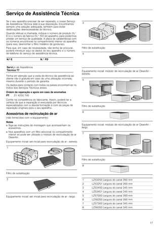 17
Serviço de Assistência Técnica
Se o seu aparelho precisar de ser reparado, o nosso Serviço
de Assistência Técnica está à sua disposição. Encontramos
sempre uma solução adequada, também para evitar
deslocações desnecessárias do técnico.
Quando efetuar a chamada, indique o número de produto (N.°
E) e o número de fabrico (N.° FD) do aparelho, para podermos
prestar um serviço de qualidade. A placa de caraterísticas com
os números encontra-se no compartimento interior do aparelho
(para isso, desmontar o filtro metálico de gorduras).
Para que, em caso de necessidade, não tenha de procurar,
poderá introduzir aqui os dados do seu aparelho e o número
de telefone do serviço de assistência técnica.
Tenha em atenção que a visita do técnico da assistência ao
cliente não é gratuita em caso de uma utilização incorreta,
mesmo durante o período de garantia.
Os dados para contacto com todos os países encontram-se no
índice dos Serviços Técnicos anexo.
Ordem de reparação e apoio em caso de anomalias
Confie na competência do fabricante. Assim, poderá ter a
certeza de que a reparação é executada por técnicos
especializados com a devida formação e com as peças de
reparação originais para o seu aparelho.
Acessórios de recirculação de ar
(não fornecidos com o equipamento)
Notas
■ Siga as instruções de montagem que acompanham os
acessórios.
■ Nos aparelhos com um filtro adicional no compartimento
interior só pode ser utilizado o módulo de recirculação de ar
CleanAir.
Equipamento inicial: set inicial para recirculação de ar - estreito
Filtro de substituição
Equipamento inicial: set inicial para recirculação de ar - largo
Filtro de substituição
Equipamento inicial: módulo de recirculação de ar CleanAir -
estreito
Filtro de substituição
Equipamento inicial: módulo de recirculação de ar CleanAir -
largo
Filtro de substituição
N.º E N.° FD
Serviço de Assistência
Técnica O
PT 21 4250 740
1
2
3
4
5
6
7
8
1 LZ53250 Largura do canal 260 mm
2 LZ53251 Largura do canal 260 mm
3 LZ53450 Largura do canal 345 mm
4 LZ53451 Largura do canal 345 mm
5 LZ57000 Largura do canal 260 mm
6 LZ56200 Largura do canal 260 mm
7 LZ57300 Largura do canal 345 mm
8 LZ56200 Largura do canal 345 mm
 