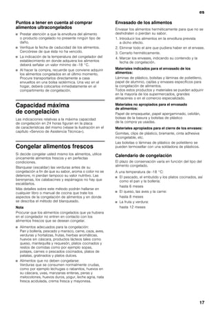 es
17
Puntos a tener en cuenta al comprar
alimentos ultracongelados
■ Prestar atención a que la envoltura del alimento
o producto congelado no presente ningún tipo de
daño.
■ Verifique la fecha de caducidad de los alimentos.
Cerciórese de que ésta no ha vencido.
■ La indicación de la temperatura del congelador del
establecimiento en donde adquiera los alimentos
deberá señalar un valor mínimo de -18 °C.
■ Al hacer la compra, recuerde que conviene adquirir
los alimentos congelados en el último momento.
Procure transportarlos directamente a casa
envueltos en una bolsa isotérmica. Una vez en el
hogar, deberá colocarlos inmediatamente en el
compartimento de congelación.
Capacidad máxima
de congelación
Las indicaciones relativas a la máxima capacidad
de congelación en 24 horas figuran en la placa
de características del mismo (véase la ilustración en el
capítulo «Servicio de Asistencia Técnica»).
Congelar alimentos frescos
Si decide congelar usted mismo los alimentos, utilice
únicamente alimentos frescos y en perfectas
condiciones.
Blanquear (escaldar) las verduras antes de su
congelación a fin de que su sabor, aroma o color no se
deteriore, ni pierdan tampoco su valor nutritivo. Las
berenjenas, los calabacines y espárragos no hay que
escaldarlos.
Más detalles sobre este método podrán hallarse en
cualquier libro o manual de cocina que trate los
aspectos de la congelación de alimentos y en donde
se describa el método del blanqueado.
Nota
Procurar que los alimentos congelados que ya hubiera
en el congelador no entren en contacto con los
alimentos frescos que se desean congelar.
■ Alimentos adecuados para la congelación:
Pan y bollería, pescado y marisco, carne, caza, aves,
verduras y hortalizas, frutas, hierbas aromáticas,
huevos sin cáscara, productos lácteos tales como
queso, mantequilla y requesón, platos cocinados y
restos de comidas como por ejemplo sopas,
potajes, carnes o pescados cocinados, platos de
patatas, gratinados y platos dulces.
■ Alimentos que no deben congelarse:
Verduras que se consumen normalmente crudas,
como por ejemplo lechugas o rabanitos, huevos en
su cáscara, uvas, manzanas enteras, peras y
melocotones, huevos duros, yogur, leche agria, nata
fresca acidulada, crema fresca y mayonesa.
Envasado de los alimentos
Envasar los alimentos herméticamente para que no se
deshidraten o pierdan su sabor.
1. Introducir los alimentos en la envoltura prevista
a dicho efecto.
2. Eliminar todo el aire que pudiera haber en el envase.
3. Cerrarlo herméticamente.
4. Marcar los envases, indicando su contenido y la
fecha de congelación.
Materiales indicados para el envasado de los
alimentos:
Láminas de plástico, bolsitas y láminas de polietileno,
papel de aluminio, cajitas y envases específicos para
la congelación de alimentos.
Todos estos productos y materiales se pueden adquirir
en la mayoría de los supermercados, grandes
almacenes o en el comercio especializado.
Materiales no apropiados para el envasado
de alimentos:
Papel de empaquetar, papel apergaminado, celofán,
bolsas de la basura y bolsitas de plástico
de la compra ya usadas.
Materiales apropiados para el cierre de los envases:
Gomitas, clips de plástico, bramante, cinta adhesiva
incongelable, etc.
Las bolsitas o láminas de plástico de polietileno se
pueden termosellar con una soldadora de plásticos.
Calendario de congelación
El plazo de conservación varía en función del tipo del
alimento congelado.
A una temperatura de -18 °C:
■ El pescado, el embutido y los platos cocinados, así
como el pan y la bollería:
hasta 6 meses
■ El queso, las aves y la carne:
hasta 8 meses
■ La fruta y verdura:
hasta 12 meses
 