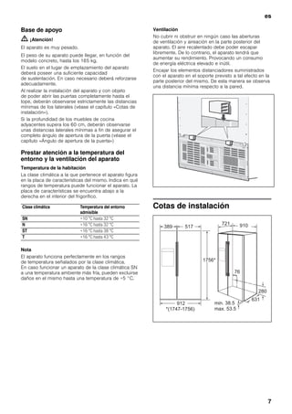es
7
Base de apoyo
m ¡Atención!
El aparato es muy pesado.
El peso de su aparato puede llegar, en función del
modelo concreto, hasta los 165 kg.
El suelo en el lugar de emplazamiento del aparato
deberá poseer una suficiente capacidad
de sustentación. En caso necesario deberá reforzarse
adecuadamente.
Al realizar la instalación del aparato y con objeto
de poder abrir las puertas completamente hasta el
tope, deberán observarse estrictamente las distancias
mínimas de los laterales (véase el capítulo «Cotas de
instalación»).
Si la profundidad de los muebles de cocina
adyacentes supera los 60 cm, deberán observarse
unas distancias laterales mínimas a fin de asegurar el
completo ángulo de apertura de la puerta (véase el
capítulo «Ángulo de apertura de la puerta»)
Prestar atención a la temperatura del
entorno y la ventilación del aparato
Temperatura de la habitación
La clase climática a la que pertenece el aparato figura
en la placa de características del mismo. Indica en qué
rangos de temperatura puede funcionar el aparato. La
placa de características se encuentra abajo a la
derecha en el interior del frigorífico.
Nota
El aparato funciona perfectamente en los rangos
de temperatura señalados por la clase climática.
En caso funcionar un aparato de la clase climática SN
a una temperatura ambiente más fría, pueden excluirse
daños en el mismo hasta una temperatura de +5 °C.
Ventilación
No cubrir ni obstruir en ningún caso las aberturas
de ventilación y aireación en la parte posterior del
aparato. El aire recalentado debe poder escapar
libremente. De lo contrario, el aparato tendrá que
aumentar su rendimiento. Provocando un consumo
de energía eléctrica elevado e inútil.
Encajar los elementos distanciadores suministrados
con el aparato en el soporte previsto a tal efecto en la
parte posterior del mismo. De esta manera se observa
una distancia mínima respecto a la pared.
Cotas de instalaciónClase climática Temperatura del entorno
admisible
SN +10 °C hasta 32 °C
N +16 °C hasta 32 °C
ST +16 °C hasta 38 °C
T +16 °C hasta 43 °C
 