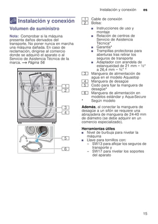 Instalación y conexión es
15
5 Instalación y conexión
Instalaciónyconexión Volumen de suministro
Nota: Comprobar si la máquina
presenta daños derivados del
transporte. No poner nunca en marcha
una máquina dañada. En caso de
reclamación, dirigirse al comercio
donde se adquirió el aparato o al
Servicio de Asistencia Técnica de la
marca. ~ Página 56
Además, al conectar la manguera de
desagüe a un sifón se requiere una
abrazadera de manguera de 24-40 mm
de diámetro (se debe adquirir en un
comercio especializado).
Herramientas útiles
■ Nivel de burbuja para nivelar la
máquina
■ Llave para tornillos con:
– SW13 para aflojar los seguros de
transporte y
– SW17 para nivelar los soportes
del aparato
( Cable de conexión
0 Bolsa:
■ Instrucciones de uso y
montaje
■ Relación de centros de
Servicio de Asistencia
Técnica*
■ Garantía*
■ Trampillas protectoras para
aberturas tras retirar los
seguros de transporte
■ Adaptador con arandela de
estanqueidad de 21 mm = ½“
a 26,4 mm = ¾” *
8 Manguera de alimentación de
agua en el modelo Aquastop
@ Manguera de desagüe
H Codo para fijar la manguera de
desagüe*
P Manguera de alimentación en
modelos estándar y Aqua-Secure
* Según modelo
 