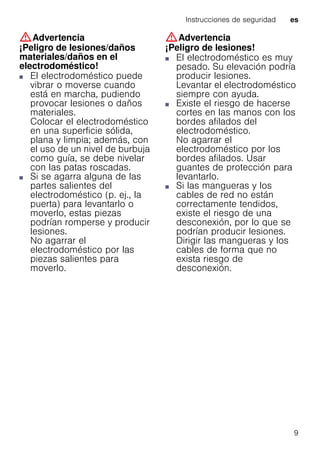 Instrucciones de seguridad es
9
:Advertencia
¡Peligro de lesiones/daños
materiales/daños en el
electrodoméstico!
■ El electrodoméstico puede
vibrar o moverse cuando
está en marcha, pudiendo
provocar lesiones o daños
materiales.
Colocar el electrodoméstico
en una superficie sólida,
plana y limpia; además, con
el uso de un nivel de burbuja
como guía, se debe nivelar
con las patas roscadas.
¡Peligrodelesiones/dañosmateriales/dañosenelelectrodoméstico!■ Si se agarra alguna de las
partes salientes del
electrodoméstico (p. ej., la
puerta) para levantarlo o
moverlo, estas piezas
podrían romperse y producir
lesiones.
No agarrar el
electrodoméstico por las
piezas salientes para
moverlo.
:Advertencia
¡Peligro de lesiones!
■ El electrodoméstico es muy
pesado. Su elevación podría
producir lesiones.
Levantar el electrodoméstico
siempre con ayuda.
¡Peligrodelesiones!■ Existe el riesgo de hacerse
cortes en las manos con los
bordes afilados del
electrodoméstico.
No agarrar el
electrodoméstico por los
bordes afilados. Usar
guantes de protección para
levantarlo.
¡Peligrodelesiones!■ Si las mangueras y los
cables de red no están
correctamente tendidos,
existe el riesgo de una
desconexión, por lo que se
podrían producir lesiones.
Dirigir las mangueras y los
cables de forma que no
exista riesgo de
desconexión.
 