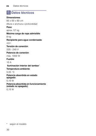 es Datos técnicos
30
J Datos técnicos
DatostécnicosDimensiones:
85 x 60 x 60 cm
Altura x anchura x profundidad
Peso:
aprox. 57 kg
Máxima carga de ropa admisible:
8 kg
Recipiente para agua condensada:
4,6 l
Tensión de conexión:
220 - 240 V
Potencia de conexión:
máx. 1000 W
Fusible:
10 A
Iluminación interior del tambor*
Temperatura ambiente:
5-35 °C
Potencia absorbida en estado
apagado:
0,10 W
Potencia absorbida en funcionamiento
(estado no apagado):
0,10 W
* según el modelo
 