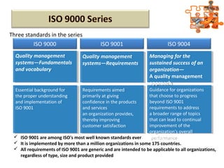 Essential background for
the proper understanding
and implementation of
ISO 9001
Essential background for
the proper understanding
and implementation of
ISO 9001
Requirements aimed
primarily at giving
confidence in the products
and services
an organization provides,
thereby improving
customer satisfaction
Requirements aimed
primarily at giving
confidence in the products
and services
an organization provides,
thereby improving
customer satisfaction
Guidance for organizations
that choose to progress
beyond ISO 9001
requirements to address
a broader range of topics
that can lead to continual
improvement of the
organization's overall
performance
Guidance for organizations
that choose to progress
beyond ISO 9001
requirements to address
a broader range of topics
that can lead to continual
improvement of the
organization's overall
performance
ISO 9000
Three standards in the series
ISO 9001 ISO 9004
Quality management
systems—Fundamentals
and vocabulary
Quality management
systems—Fundamentals
and vocabulary
Quality management
systems—Requirements
Quality management
systems—Requirements
Managing for the
sustained success of an
organization—
A quality management
approach
Managing for the
sustained success of an
organization—
A quality management
approach
 ISO 9001 are among ISO's most well known standards ever
 It is implemented by more than a million organizations in some 175 countries.
 All requirements of ISO 9001 are generic and are intended to be applicable to all organizations,
regardless of type, size and product provided
 