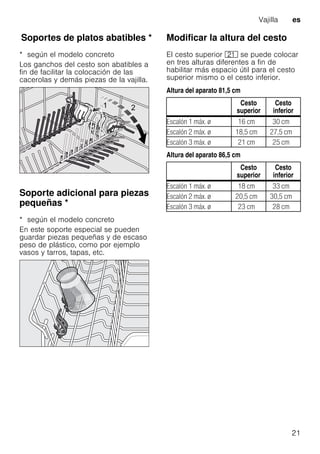 Vajilla es
21
SoportesdeplatosabatiblesSoportes de platos abatibles *
* según el modelo concreto
Los ganchos del cesto son abatibles a
fin de facilitar la colocación de las
cacerolas y demás piezas de la vajilla.
Soporte adicional para piezas
pequeñas *Soporteadicionalparapiezaspequeñas
* según el modelo concreto
En este soporte especial se pueden
guardar piezas pequeñas y de escaso
peso de plástico, como por ejemplo
vasos y tarros, tapas, etc.
Modificar la altura del cesto
El cesto superior 1* se puede colocar
en tres alturas diferentes a fin de
habilitar más espacio útil para el cesto
superior mismo o el cesto inferior.
Altura del aparato 81,5 cm
Altura del aparato 86,5 cm
Cesto
superior
Cesto
inferior
Escalón 1 máx. ø 16 cm 30 cm
Escalón 2 máx. ø 18,5 cm 27,5 cm
Escalón 3 máx. ø 21 cm 25 cm
Cesto
superior
Cesto
inferior
Escalón 1 máx. ø 18 cm 33 cm
Escalón 2 máx. ø 20,5 cm 30,5 cm
Escalón 3 máx. ø 23 cm 28 cm
 