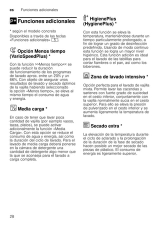 es Funciones adicionales
28
Funciones adicionales
Funciones adicionales
* según el modelo concreto
Disponibles a través de las teclas
«Funciones adicionales» H.
Å Opción Menos tiempo
(VarioSpeedPlus) *OpciónMenostiempo(VarioSpeedPlus)
Con la función >>Menos tiempo<< se
puede reducir la duración
de funcionamiento de los programas
de lavado aprox. entre un 20% y un
66%. Con objeto de asegurar unos
resultados de lavado y secado óptimos
de la vajilla habiendo seleccionado
la opción «Menos tiempo», se eleva al
mismo tiempo el consumo de agua
y energía.
Mediacarga§ Media carga *
En caso de tener que lavar poca
cantidad de vajilla (por ejemplo vasos,
tazas, platos), se puede activar
adicionalmente la función «Media
Carga». Con esta opción se reduce el
consumo de agua y energía, así como
la duración del ciclo de lavado. Para el
lavado de media carga deberá ponerse
en la cámara de detergente una
cantidad de detergente algo menor que
la que se aconseja para el lavado a
carga completa.
HigienePlus
(HygienePlus) *HigienePlus(HygienePlus)
Con esta función se eleva la
temperatura, manteniéndose durante un
tiempo particularmente prolongado, a
fin de lograr un grado de desinfección
predefinido. Usando de modo continuo
esta función se logra un mayor nivel
higiénico. Esta función adición es ideal
para el lavado de las tablillas para
cortar fiambres o el pan, así como los
biberones.
Ï Zona de lavado intensivo *Zonadelavadointensivo
Opción perfecta para el lavado de vajilla
mixta. Permite lavar las cacerolas y
sartenes con fuerte grado de suciedad
en el cesto inferior, conjuntamente con
la vajilla normalmente sucia en el cesto
superior. Para ello se eleva la presión
de pulverizado en el cesto inferior y se
aumenta ligeramente la temperatura de
lavado.
¿ Secado extra *Secadoextra
La elevación de la temperatura durante
el ciclo de aclarado y la prolongación
de la duración de la fase de secado
hacen posible un mejor secado de las
piezas de plástico. El consumo de
energía es ligeramente superior.
 