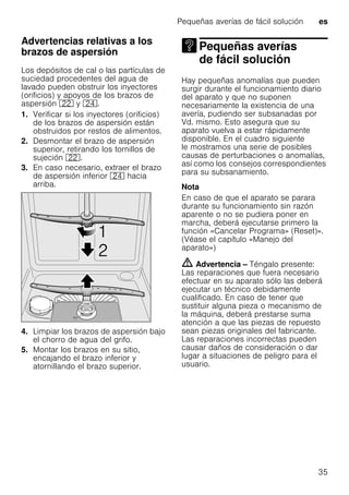 Pequeñas averías de fácil solución es
35
Advertencias relativas a los
brazos de aspersión
Los depósitos de cal o las partículas de
suciedad procedentes del agua de
lavado pueden obstruir los inyectores
(orificios) y apoyos de los brazos de
aspersión 12 y 1B.
1. Verificar si los inyectores (orificios)
de los brazos de aspersión están
obstruidos por restos de alimentos.
2. Desmontar el brazo de aspersión
superior, retirando los tornillos de
sujeción 12.
3. En caso necesario, extraer el brazo
de aspersión inferior 1B hacia
arriba.
4. Limpiar los brazos de aspersión bajo
el chorro de agua del grifo.
5. Montar los brazos en su sitio,
encajando el brazo inferior y
atornillando el brazo superior.
Pequeñas averías
de fácil soluciónPequeñas averías defácil solución
Hay pequeñas anomalías que pueden
surgir durante el funcionamiento diario
del aparato y que no suponen
necesariamente la existencia de una
avería, pudiendo ser subsanadas por
Vd. mismo. Esto asegura que su
aparato vuelva a estar rápidamente
disponible. En el cuadro siguiente
le mostramos una serie de posibles
causas de perturbaciones o anomalías,
así como los consejos correspondientes
para su subsanamiento.
Nota
En caso de que el aparato se parara
durante su funcionamiento sin razón
aparente o no se pudiera poner en
marcha, deberá ejecutarse primero la
función «Cancelar Programa» (Reset)».
(Véase el capítulo «Manejo del
aparato»)
m Advertencia – Téngalo presente:
Las reparaciones que fuera necesario
efectuar en su aparato sólo las deberá
ejecutar un técnico debidamente
cualificado. En caso de tener que
sustituir alguna pieza o mecanismo de
la máquina, deberá prestarse suma
atención a que las piezas de repuesto
sean piezas originales del fabricante.
Las reparaciones incorrectas pueden
causar daños de consideración o dar
lugar a situaciones de peligro para el
usuario.
 