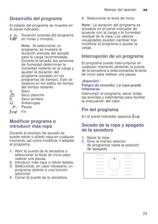 Manejo del aparato es
25
Desarrollo del programa
El estado del programa se muestra en
el panel indicador.
Modificar programa o
introducir más ropa
Durante el proceso de secado se
puede retirar o añadir ropa en cualquier
momento, así como modificar o adaptar
el programa.
1. Abrir la puerta de la secadora o
seleccionar la tecla de inicio para
realizar una pausa.
2. Introducir más ropa o retirar tejidos.
3. Seleccionar, en caso necesario, un
programa distinto o una función
adicional.
4. Cerrar la puerta de la secadora.
5. Seleccionar la tecla de inicio.
Nota: La duración del programa se
actualiza en el panel indicador de
acuerdo con la carga y la humedad
residual de la ropa. Los valores
visualizados pueden cambiar tras
modificar el programa o ajustar la
carga.
Interrupción de un programa
El programa puede interrumpirse en
cualquier momento abriendo la puerta
de la secadora o seleccionando la tecla
de inicio para realizar una pausa.
¡Atención!
Peligro de incendio. La ropa puede
inflamarse.
Interrumpir el programa, sacar todas
las prendas y extenderlas para facilitar
la evacuación del calor.
Fin del programa
En el panel indicador aparece “Ÿš.
Secado de la ropa y apagado
de la secadora
1. Sacar la ropa.
2. Girar el mando selector
de programas hasta la posición
de apagado.
p. ej.
1:27
Duración prevista del programa
en horas y minutos.
Nota: Al seleccionar un
programa, se muestra la
duración prevista del secado
para la carga recomendada.
Durante el secado, los sensores
de humedad determinan la
humedad restante en la carga y
ajustan la duración del
programa (excepto en los
programas de tiempo). Esto se
observa en los saltos de tiempo
del tiempo restante.
Ù Seco
ö Seco plancha
» Seco armario
Q Antiarrugas
- ˜ - Pausa
“Ÿš Fin
 