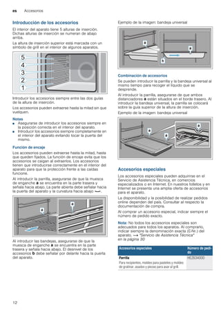 es Accesorios
12
Introducción de los accesorios
El interior del aparato tiene 5 alturas de inserción.
Dichas alturas de inserción se numeran de abajo
arriba.
La altura de inserción superior está marcada con un
símbolo de grill en el interior de algunos aparatos.
Introducir los accesorios siempre entre las dos guías
de la altura de inserción.
Los accesorios pueden extraerse hasta la mitad sin que
vuelquen.
Notas
■ Asegurarse de introducir los accesorios siempre en
la posición correcta en el interior del aparato.
■ Introducir los accesorios siempre completamente en
el interior del aparato evitando tocar la puerta del
mismo.
Función de encaje
Los accesorios pueden extraerse hasta la mitad, hasta
que queden fijados. La función de encaje evita que los
accesorios se caigan al extraerlos. Los accesorios
tienen que introducirse correctamente en el interior del
aparato para que la protección frente a las caídas
funcione.
Al introducir la parrilla, asegurarse de que la muesca
de enganche ‚ se encuentra en la parte trasera y
señala hacia abajo. La parte abierta debe señalar hacia
la puerta del aparato y la curvatura hacia abajo ¾.
Al introducir las bandejas, asegurarse de que la
muesca de enganche ‚ se encuentra en la parte
trasera y señala hacia abajo. El desnivel de los
accesorios ƒ debe señalar por delante hacia la puerta
del aparato.
Ejemplo de la imagen: bandeja universal
Combinación de accesorios
Se pueden introducir la parrilla y la bandeja universal al
mismo tiempo para recoger el líquido que se
desprende.
Al introducir la parrilla, asegurarse de que ambos
distanciadores ‚ están situados en el borde trasero. Al
introducir la bandeja universal, la parrilla se colocará
sobre la guía superior de la altura de inserción.
Ejemplo de la imagen: bandeja universal
Accesorios especiales
Los accesorios especiales pueden adquirirse en el
Servicio de Asistencia Técnica, en comercios
especializados o en Internet. En nuestros folletos y en
Internet se presenta una amplia oferta de accesorios
para el aparato.
La disponibilidad y la posibilidad de realizar pedidos
online dependen del país. Consultar al respecto la
documentación de compra.
Al comprar un accesorio especial, indicar siempre el
número de pedido exacto.
Nota: No todos los accesorios especiales son
adecuados para todos los aparatos. Al comprarlo,
indicar siempre la denominación exacta (E-Nr.) del
aparato. ~ "Servicio de Asistencia Técnica"
en la página 30
Accesorios especiales Número de pedi-
do
Parrilla
Para recipientes, moldes para pasteles y moldes
de gratinar, asados y piezas para asar al grill.
HEZ634000
 