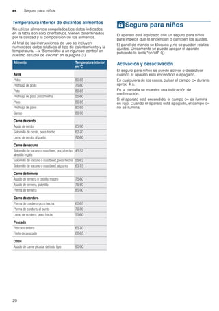 es Seguro para niños
20
Temperatura interior de distintos alimentos
No utilizar alimentos congelados.Los datos indicados
en la tabla son solo orientativos. Vienen determinados
por la calidad y la composición de los alimentos.
Al final de las instrucciones de uso se incluyen
numerosos datos relativos al tipo de calentamiento y la
temperatura. ~ "Sometidos a un riguroso control en
nuestro estudio de cocina" en la página 33
ASeguro para niños
Seguroparaniños El aparato está equipado con un seguro para niños
para impedir que lo enciendan o cambien los ajustes.
El panel de mando se bloquea y no se pueden realizar
ajustes. Únicamente se puede apagar el aparato
pulsando la tecla "on/off" ÿ.
Activación y desactivación
El seguro para niños se puede activar o desactivar
cuando el aparato está encendido o apagado.
En cualquiera de los casos, pulsar el campo D durante
aprox. 4 s.
En la pantalla se muestra una indicación de
confirmación.
Si el aparato está encendido, el campo D se ilumina
en rojo. Cuando el aparato está apagado, el campo D
no se ilumina.
Alimento Temperatura interior
en °C
Aves
Pollo 80-85
Pechuga de pollo 75-80
Pato 80-85
Pechuga de pato, poco hecha 55-60
Pavo 80-85
Pechuga de pavo 80-85
Ganso 80-90
Carne de cerdo
Aguja de cerdo 85-90
Solomillo de cerdo, poco hecho 62-70
Lomo de cerdo, al punto 72-80
Carne de vacuno
Solomillo de vacuno o roastbeef, poco hecho
al estilo inglés
45-52
Solomillo de vacuno o roastbeef, poco hecho 55-62
Solomillo de vacuno o roastbeef, al punto 65-75
Carne de ternera
Asado de ternera o codillo, magro 75-80
Asado de ternera, paletilla 75-80
Pierna de ternera 85-90
Carne de cordero
Pierna de cordero, poco hecha 60-65
Pierna de cordero, al punto 70-80
Lomo de cordero, poco hecho 55-60
Pescado
Pescado entero 65-70
Filete de pescado 60-65
Otros
Asado de carne picada, de todo tipo 80-90
 