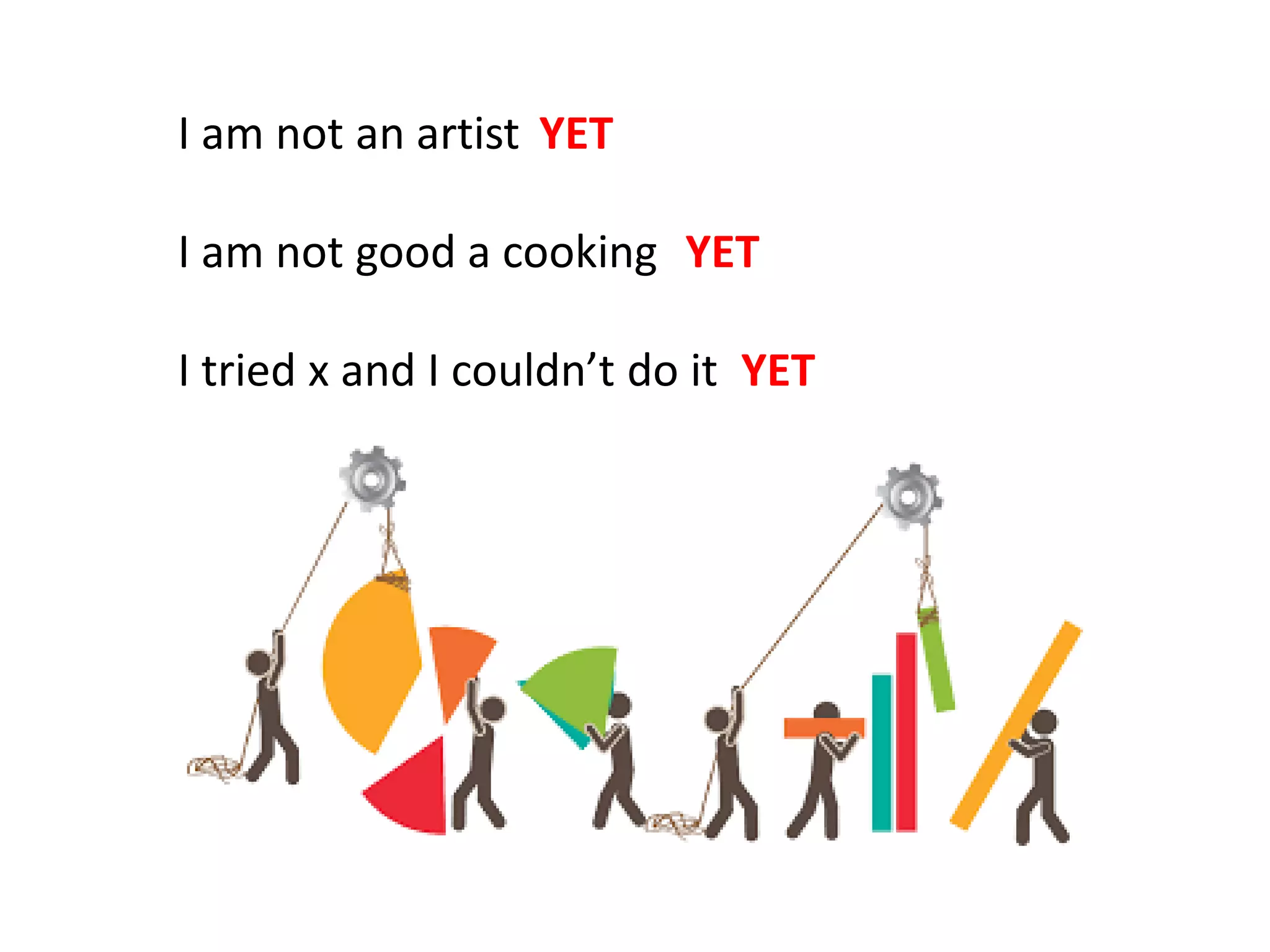 I am not an artist
I am not good a cooking
I tried x and I couldn’t do it
YET
YET
YET
 