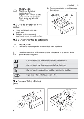 PRECAUCIÓN!
Asegúrese de que no
quedan prendas
enganchadas entre la puerta
y el cierre. Podría provocar
fugas de agua y dañar la
colada.
10.2 Uso del detergente y los
aditivos
1. Dosifique el detergente y el
suavizante.
2. Coloque el detergente y el
suavizante en los compartimentos.
3. Cierre con cuidado el dosificador de
detergente.
10.3 Compartimentos de detergente
PRECAUCIÓN!
Utilice sólo los detergentes especificados para lavadoras.
Cumpla siempre las instrucciones que se encuentran en el envase de los
productos de detergente.
Compartimento de detergente para fase de prelavado.
Compartimento de detergente para la fase de lavado.
Compartimento para aditivos líquidos (suavizante, almidón).
Tapa para detergente líquido o en polvo.
10.4 Detergente líquido o en
polvo
1.
A
2.
ESPAÑOL 51
 