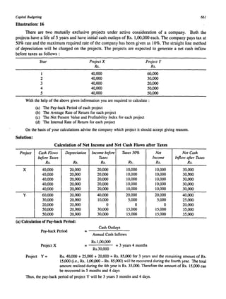 Capital Budgeting 
Illustration: 16 
661 
There are two mutually exclusive projects under active consideration of a company. Both the 
projects have a life of 5 years and have initial cash outlays of Rs. 1,00,000 each. The company pays tax at 
50% rate and the maximum required rate of the company has been given as 10%. The straight line method 
of depreciation will be charged on the projects. The projects are expected to generate a net cash inflow 
before taxes as follows : 
Year Project X Project Y 
Rs. Rs. 
1 40.000 60,000 
2 40,000 30,000 
3 40,000 20,000 
4 40,000 50,000 
5 40,000 50,000 
With the help of the above given information you are required to calculate: 
(a) The Pay-back Period of each project 
(b) The Average Rate of Return for each project 
(c) The Net Present Value and Profitability Index for each project 
(d) The Internal Rate of Return for each project 
On the basis of your calculations advise the company which project it should accept giving reasons. 
Solution: 
Calculation of Net Income and Net Cash Flows after Taxes 
Project Cash Flows Depreciation Income before Taxes 50% Net Net Cash 
before Taxes Taxes Income Inflow after Taxes 
Rs. Rs. Rs. Rs. Rs. Rs. 
X 40,000 20,000 20,000 10,000 10,000 30,000 
40,000 20,000 20,000 10,000 10,000 30,000 
40,000 20,000 20,000 10,000 10,000 30,000 
40,000 20,000 20,000 10,000 10,000 30,000 
40,000 20,000 20,000 10,000 10,000 30,000 
Y 60,000 20,000 40,000 20,000 20,000 40,000 
30,000 20,000 10,000 5,000 5,000 25,000 
20,000 20,000 0 0 0 20,000 
50,000 20,000 30,000 15,000 15.000 35,000 
50,000 20,000 30,000 15,000 15,000 35,000 
(a) Calculation of Pay-back Period: 
Pay-back Period 
Cash Outlays =-------- Annual Cash Inflows 
Rs.l,OO,OOO 
Project X = = 3 years 4 months 
Rs.30,000 
Project Y = Rs. 40,000 + 25,000 + 20,000 = Rs. 85,000 for 3 years and the remaining amount of Rs. 
15,000 (i.e., Rs. 1,00,000 - Rs. 85,000) will be recovered during the fourth year. The total 
amount realized during the 4th year is Rs. 35,000. Therefore the amount of Rs. 15,000 can 
be recovered in 5 months and 4 days 
Thus, the pay-back period of project Y will be 3 years 5 months and 4 days. 
 