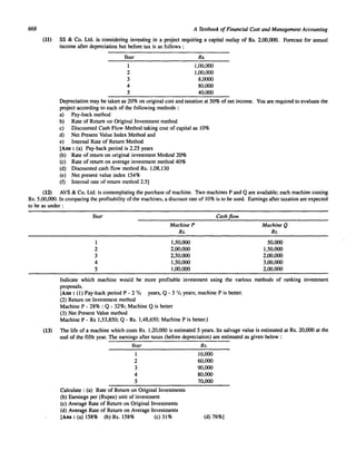 668 A Textbook of Financial Cost and Management Accounting 
(11) SS & Co. Ltd. is considering investing in a project requiring a capital outlay of Rs. 2,00,000. Forecast for annual 
income after deprecialion but before tax is as follows : 
Year Rs. 
1 1,00,000 
2 1,00,000 
3 8,0000 
4 80,000 
5 40,000 
Depreciation may be taken as 20% on original cost and taxation at 50% of net income. You are required to evaluate the 
project according to each of the following methods : 
a) Pay-back method 
b) Rate of Return on Original Investment method 
c) Discounted Cash Flow Method taking cost of capital as 10% 
d) Net Present Value Index Method and 
e) Internal Rate of Return Method 
[Ans : (a) Pay-back period is 2.25 years 
(b) Rate of return on original investment Method 20% 
(c) Rate of return on average investment method 40% 
(d) Discounted cash flow method Rs. 1.08,130 
(e) Net present value index 154% 
(f) Internal rate of return method 2.5] 
(12) AVS & Co. Ltd. is contemplating the purchase of machine. Two machines P and Q are available; each machine costing 
Rs. 5,00,000. In comparing the profitability of the machines, a discount rate of 10% is to be used. Earnings after taxation are expected 
to be as under : 
Year 
1 
2 
3 
4 
5 
Machine P 
Rs. 
1,50,000 
2,00,000 
2,50,000 
1,50,000 
1,00,000 
Cashjlow 
Machine Q 
Rs. 
50,000 
1,50,000 
2,00,000 
3,00,000 
2,00,000 
Indicate which machine would be more profitable investment using the various methods of ranking investment 
proposals. 
[Ans: (I) Pay-back period P - 2 'Is years, Q - 3 '/' years; machine P is better. 
(2) Return on Investment method 
Machine P - 28% : Q - 32%; Machine Q is better 
(3) Net Present Value method 
Machine P - Rs 1,53,850; Q - Rs. 1,48,650; Machine P is better.) 
(13) The life of a machine which costs Rs. 1,20.000 is estimated 5 years. Its salvage value is estimated at Rs. 20,000 at the 
end of the fifth year. The earnings after taxes (before depreciation) are estimated as given below; 
Year Rs. 
1 
2 
3 
4 
5 
Calculate: (a) Rate of Return on Original Investments 
(b) Earnings per (Rupee) unit of investment 
(c) Average Rate of Return on Original Investments 
(d) Average Rate of Return on Average Investments 
[Ans: (a) 158% (b) Rs. 158% (c) 31% 
10,000 
60,000 
90,000 
80,000 
70,000 
(d) 76%] 
 