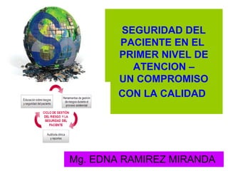 SEGURIDAD DEL
        PACIENTE EN EL
        PRIMER NIVEL DE
          ATENCION –
        UN COMPROMISO
        CON LA CALIDAD




Mg. EDNA RAMIREZ MIRANDA
 