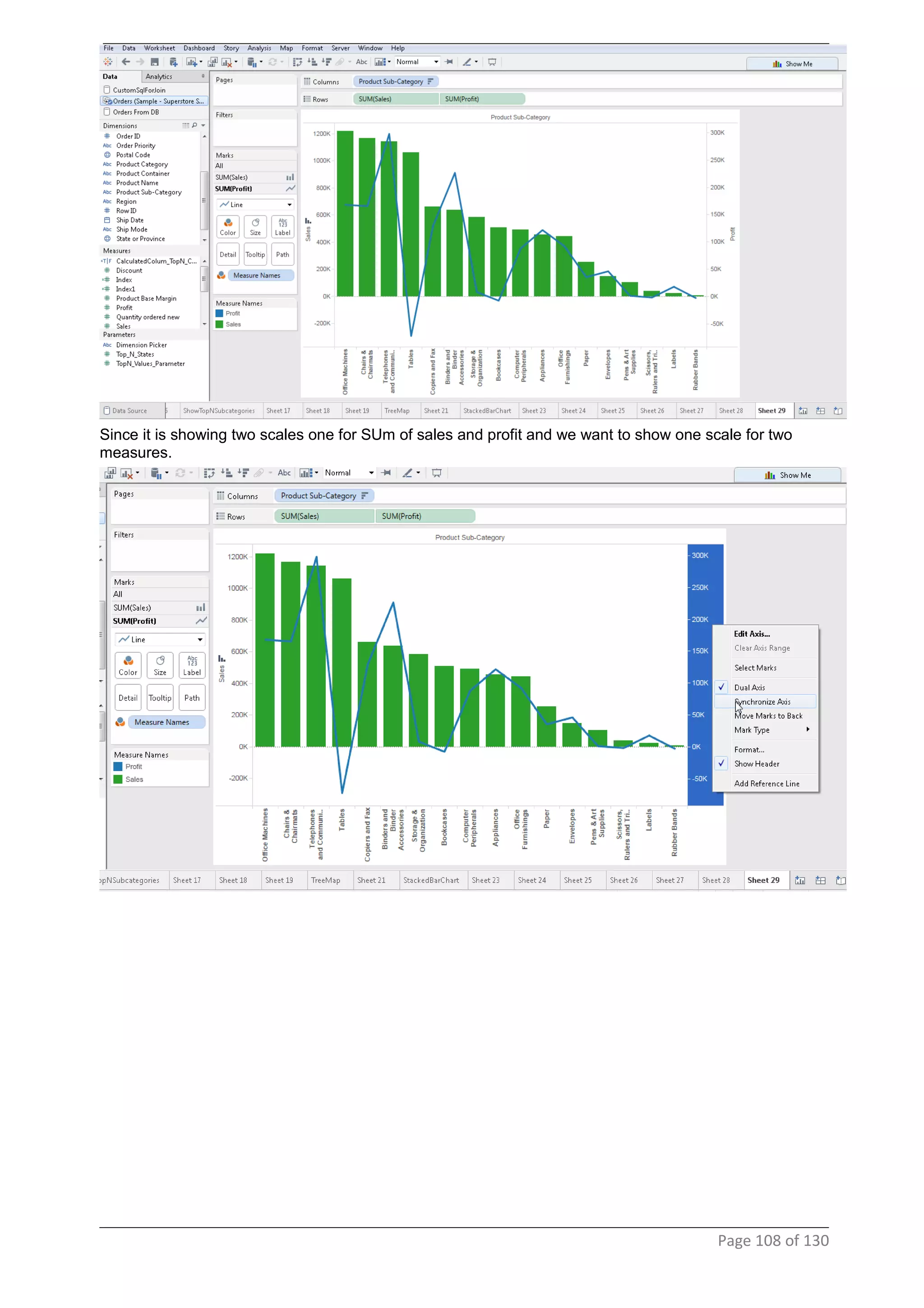 Since it is showing two scales one for SUm of sales and profit and we want to show one scale for two
measures.
Page 108 of 130
 