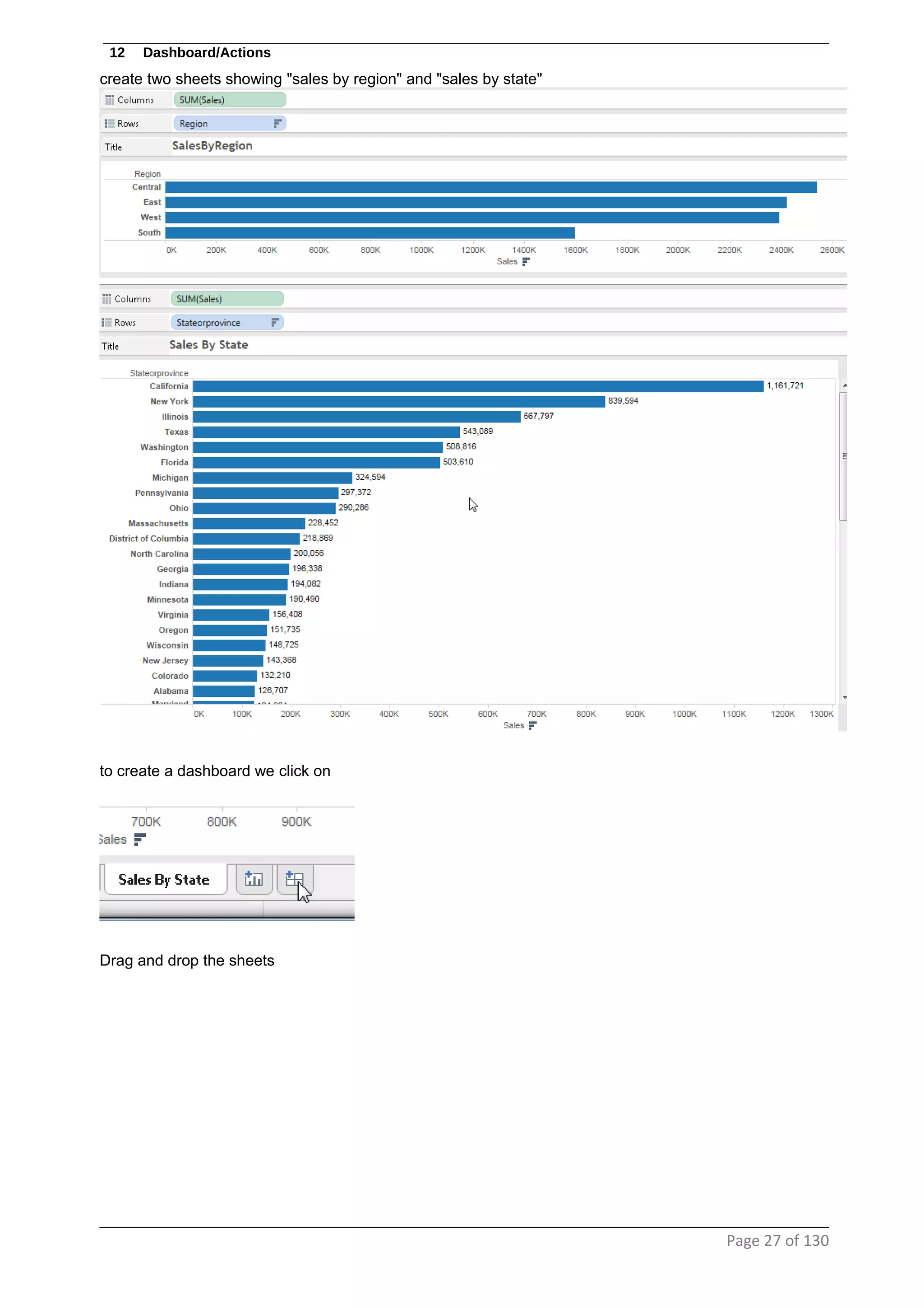 12 Dashboard/Actions
create two sheets showing "sales by region" and "sales by state"
to create a dashboard we click on
Drag and drop the sheets
Page 27 of 130
 