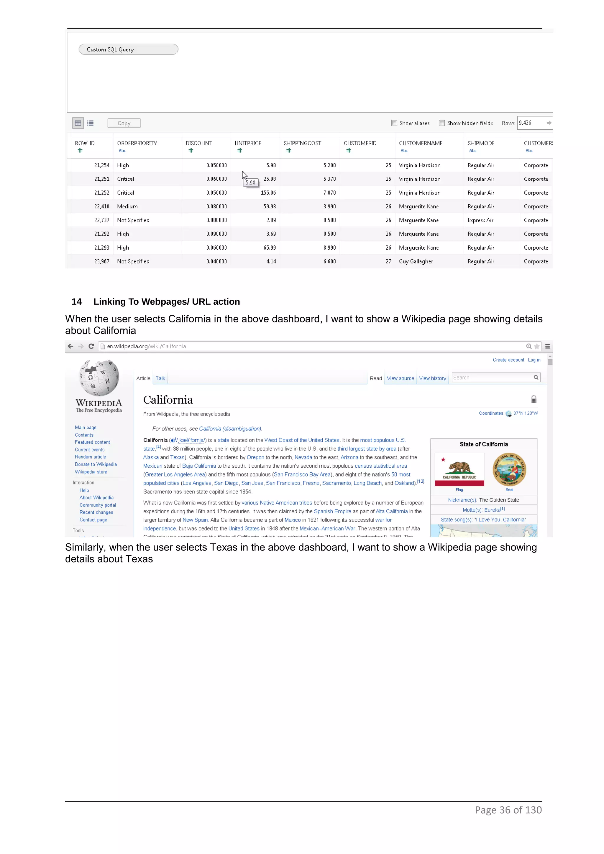 14 Linking To Webpages/ URL action
When the user selects California in the above dashboard, I want to show a Wikipedia page showing details
about California
Similarly, when the user selects Texas in the above dashboard, I want to show a Wikipedia page showing
details about Texas
Page 36 of 130
 