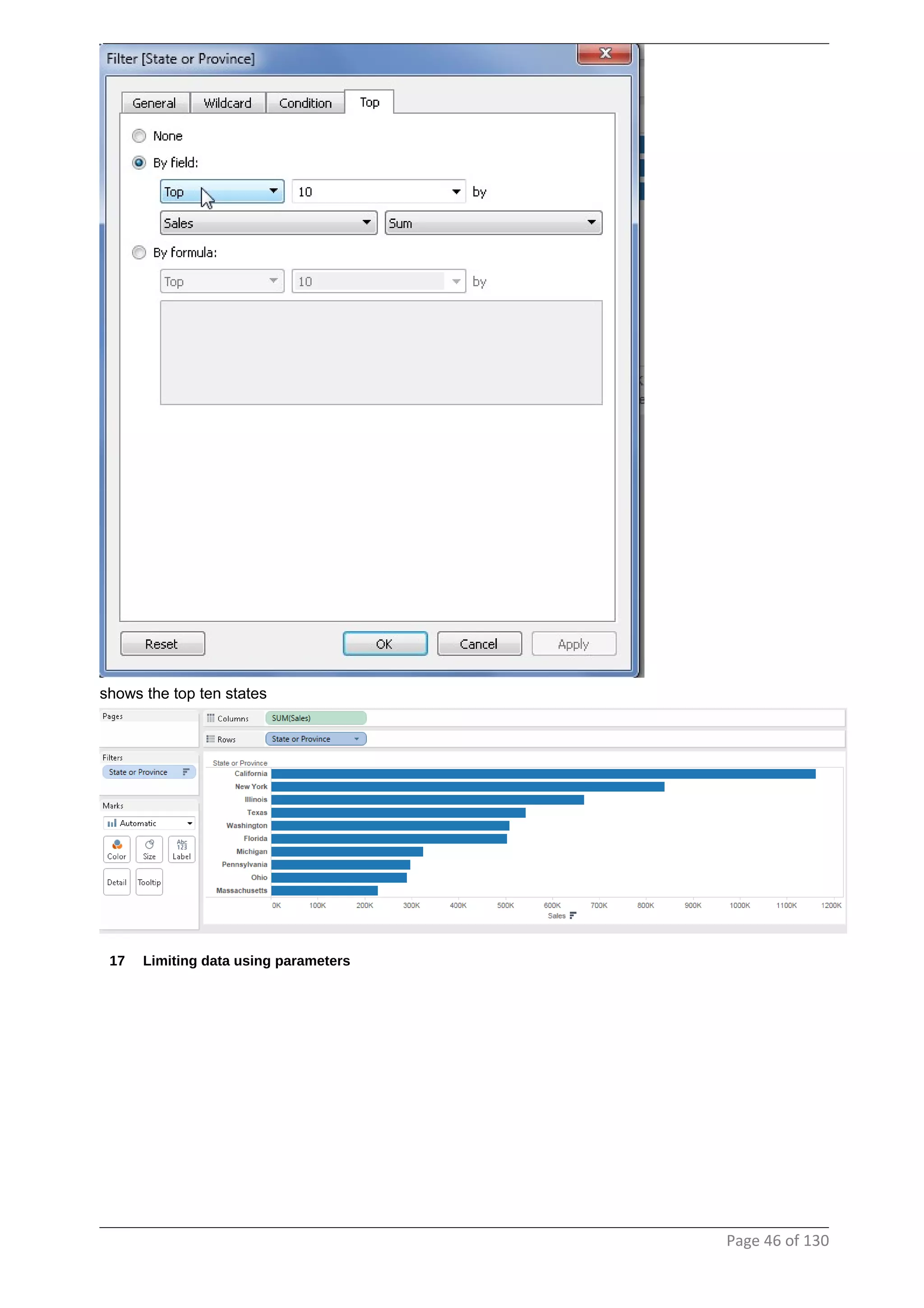 shows the top ten states
17 Limiting data using parameters
Page 46 of 130
 