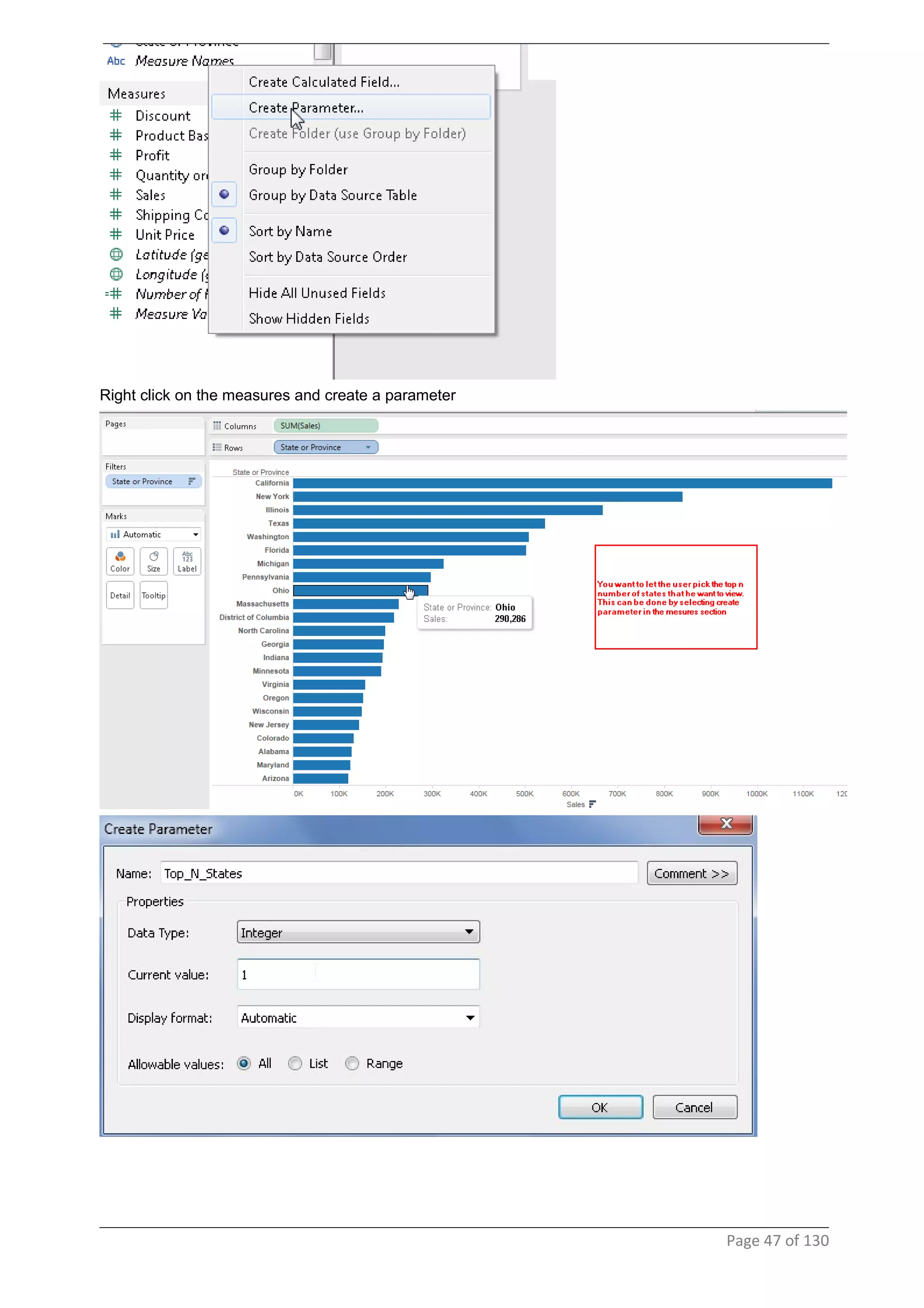 Right click on the measures and create a parameter
Page 47 of 130
 