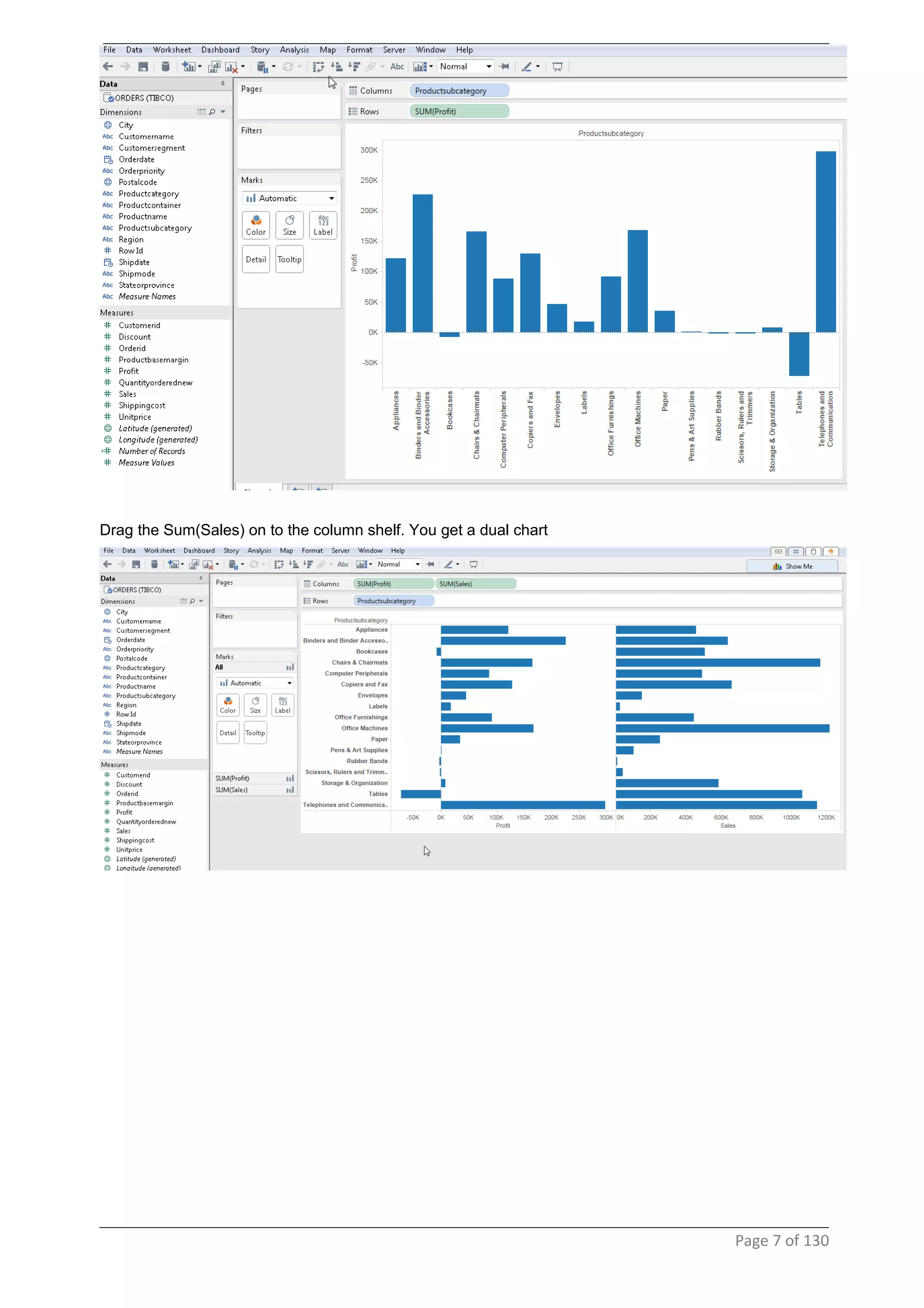 Drag the Sum(Sales) on to the column shelf. You get a dual chart
Page 7 of 130
 