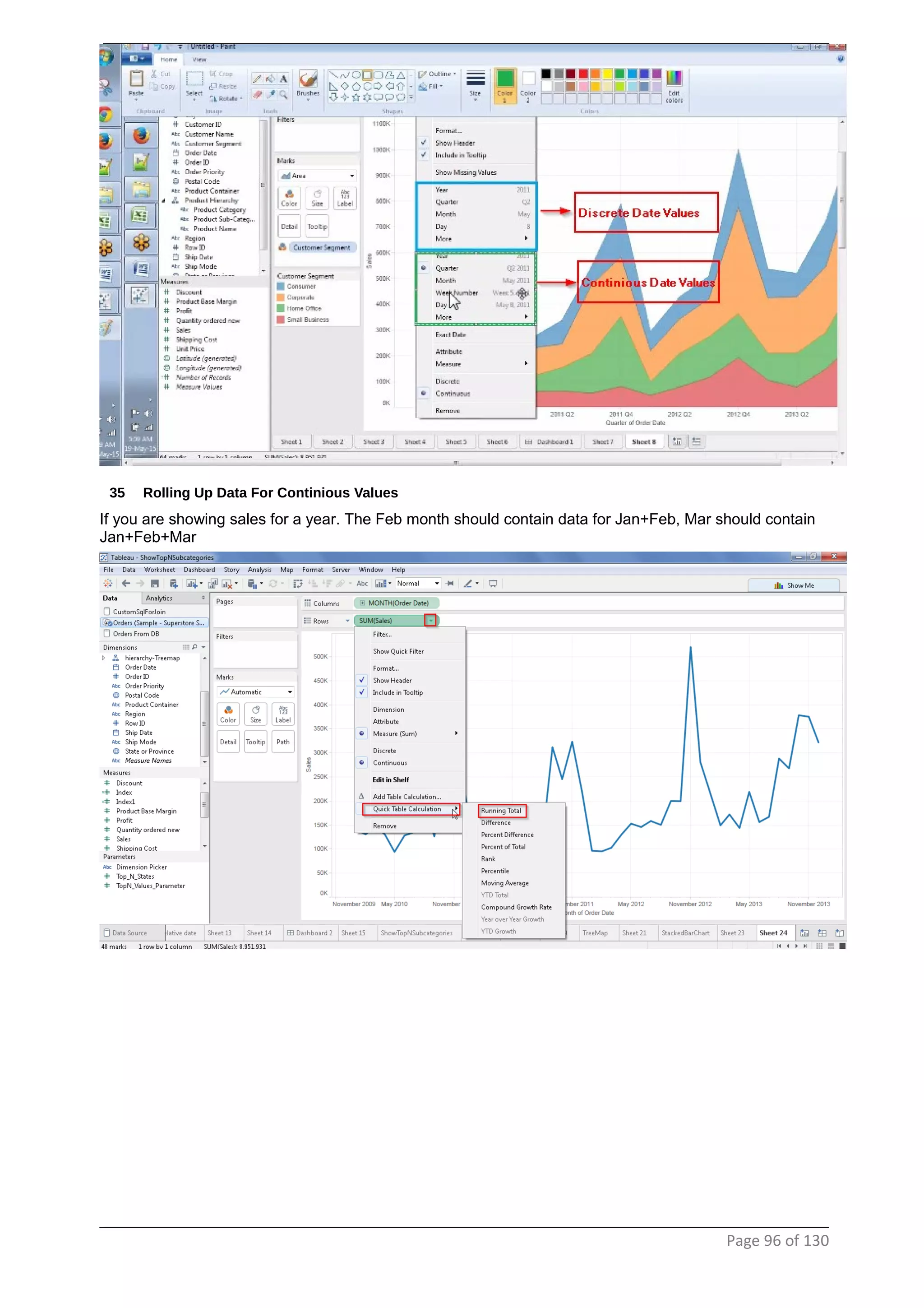 35 Rolling Up Data For Continious Values
If you are showing sales for a year. The Feb month should contain data for Jan+Feb, Mar should contain
Jan+Feb+Mar
Page 96 of 130
 