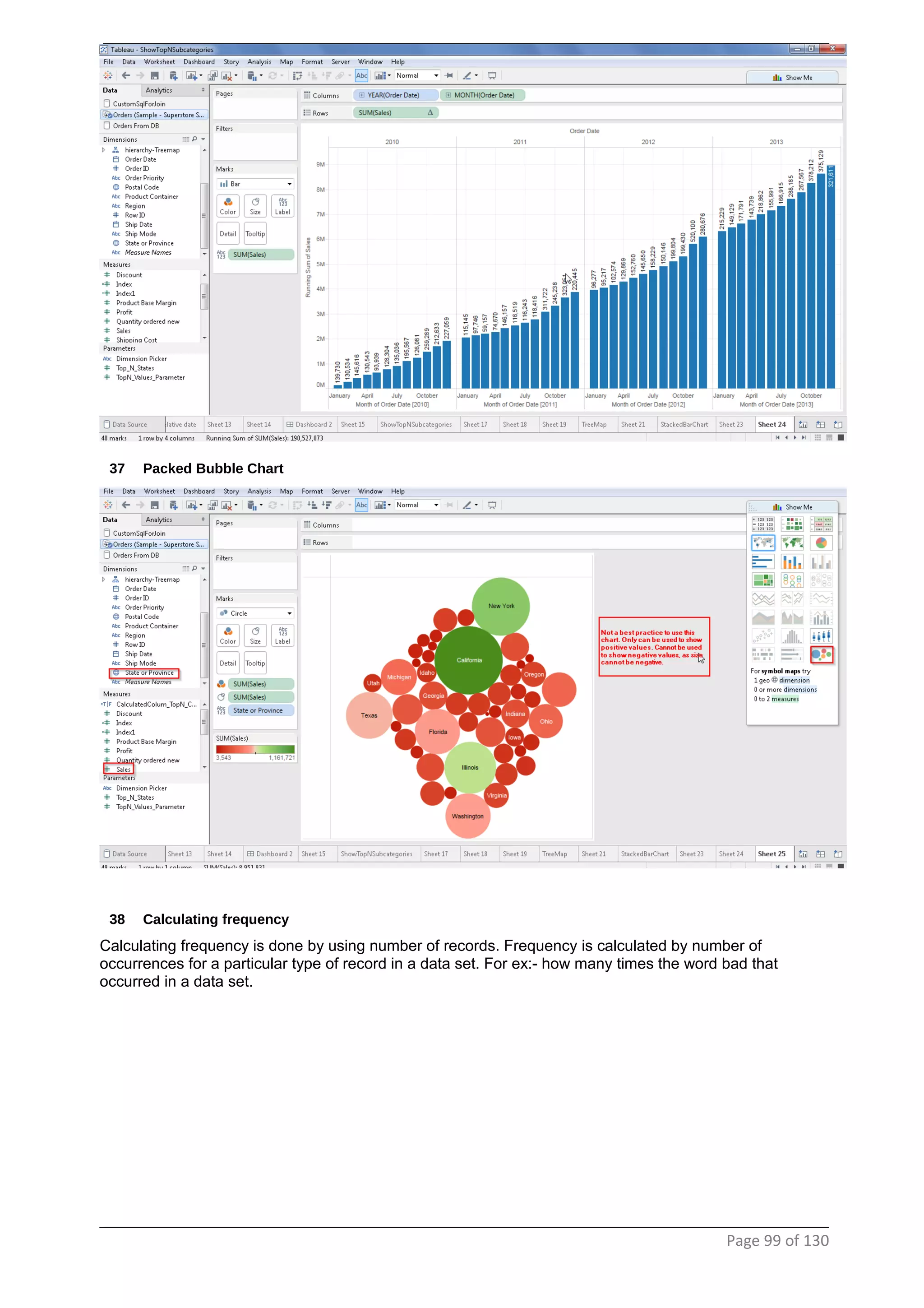 37 Packed Bubble Chart
38 Calculating frequency
Calculating frequency is done by using number of records. Frequency is calculated by number of
occurrences for a particular type of record in a data set. For ex:- how many times the word bad that
occurred in a data set.
Page 99 of 130
 