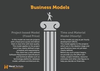 Project based Model
(Fixed Price)
In this model we execute projects
with a ixed price quote and deliver
them in due time with best quality.
This model applies to the project
which has clearly deined scope,
schedule and requirements.
The client has a well-deined
Software Requirement Speciications
and technical details such as
technology platforms, database
model, software architecture etc.
Business Models
Time and Material
Model (Hourly)
In this model you pay as per hourly
development eforts.
This model applies to the projects
which are in the ideation stage and
speciications have not yet been
clearly deined.
Before any such project begins,
we provide you the efort esti-
mates, project timeline, resource
estimates and other vital igures to
help you decide on inancials.
 