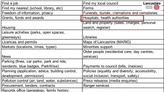 Find a job Find my local council
Find my nearest (school, library, etc) Forms
Freedom of information, privacy Funerals, burials, cremations and cemeteries
Grants, funds and awards Hospitals, health authorities
Housing
Land and property (sales, charges, personal
search, register)
Leisure activities (parks, open spaces,
greenways) Libraries
Licences and permits Maps of Lancashire (MARIO)
Markets (locations, times, types) Minorities support
News
Older people (residential care, day centres,
services)
Parking (fines, car parks, park and ride,
residents, blue badges, ParkWise) Payments to council (bills, invoices)
Planning (application, advice, building control,
development, permission)
Policies (equality and diversity, accessibility,
social inclusion, transport, safety)
Pollution control (air, land, water, substances) Press releases (media enquiries)
Procurement, tenders, contracts Ranger services
Records office (genealogy, family history,
 