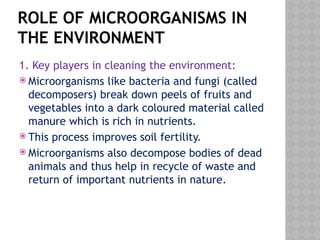 ROLE OF MICROORGANISMS IN
THE ENVIRONMENT
1. Key players in cleaning the environment:
 Microorganisms like bacteria and fungi (called
decomposers) break down peels of fruits and
vegetables into a dark coloured material called
manure which is rich in nutrients.
 This process improves soil fertility.
 Microorganisms also decompose bodies of dead
animals and thus help in recycle of waste and
return of important nutrients in nature.
 