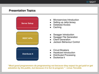 Presentation Topics
“Most good programmers do programming not because they expect to get paid or get
adulation by the public, but because it is fun to program.” - Linus Torvalds
Server Setup
REST APIs
Distribute It
● Microservices Introduction
● Setting up Jetty/Jersey
● Database Access
● Caching
● Swagger Introduction
● Swagger File Generation
● Client Generation
● Jackson Behaviour Control
● Circuit Breakers
● Hazelcast Introduction
● Distributed Processing
● Dockerize it
 