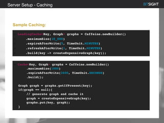 80% of S&P 500 had a security event in 2013
Server Setup - Caching
Sample Caching:
LoadingCache<Key, Graph> graphs = Caffeine.newBuilder()
.maximumSize(10_000)
.expireAfterWrite(5, TimeUnit.MINUTES)
.refreshAfterWrite(1, TimeUnit.MINUTES)
.build(key -> createExpensiveGraph(key));
Cache<Key, Graph> graphs = Caffeine.newBuilder()
.maximumSize(1000)
.expireAfterWrite(3600, TimeUnit.SECONDS)
.build();
Graph graph = graphs.getIfPresent(key);
if(graph == null){
// generate graph and cache it
graph = createExpensiveGraph(key);
graphs.put(key, graph);
}
 