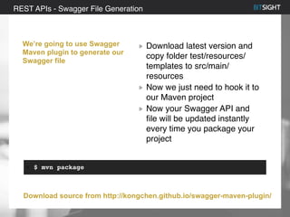80% of S&P 500 had a security event in 2013
REST APIs - Swagger File Generation
We’re going to use Swagger
Maven plugin to generate our
Swagger file
Download latest version and
copy folder test/resources/
templates to src/main/
resources
Now we just need to hook it to
our Maven project
Now your Swagger API and
file will be updated instantly
every time you package your
project
Download source from http://kongchen.github.io/swagger-maven-plugin/
$ mvn package
 