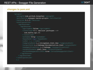 80% of S&P 500 had a security event in 2013
REST APIs - Swagger File Generation
changes to pom.xml
<plugin>
<groupId>com.github.kongchen</groupId>
<artifactId>swagger-maven-plugin</artifactId>
<version>3.1.3</version>
<configuration>
<apiSources>
<apiSource>
<springmvc>false</springmvc>
<locations><!-- declare packages -->
com.msftw.api.v1
</locations>
<schemes>http</schemes>
<basePath>/api</basePath>
<info> (…) </info>
<templatePath>(…)/strapdown.html.hbs</templatePath>
<outputPath>(…)/webapp/documentation.html</outputPath>
<swaggerDirectory>(…)/webapp</swaggerDirectory>
<outputFormats>yaml,json</outputFormats>
<attachSwaggerArtifact>true</attachSwaggerArtifact>
</apiSource>
</apiSources>
</configuration>
(…)
 