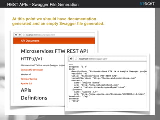 80% of S&P 500 had a security event in 2013
REST APIs - Swagger File Generation
At this point we should have documentation
generated and an empty Swagger file generated:
 