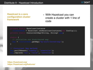 80% of S&P 500 had a security event in 2013
Distribute It - Hazelcast Introduction
Hazelcast is a zero
configuration cluster
framework
With Hazelcast you can
create a cluster with 1 line of
code
private static HazelcastInstance
clusterNode = Hazelcast.newHazelcastInstance(new Config());
private static ConcurrentMap<String, String> map;
static {
// initialize our distributed map
map = clusterNode.getMap(“my-distributed-map");
}
// Concurrent Map methods
map.putIfAbsent("somekey", "somevalue");
map.replace("key", "value", "newvalue");
https://hazelcast.org/
https://hazelcast.org/features/
 