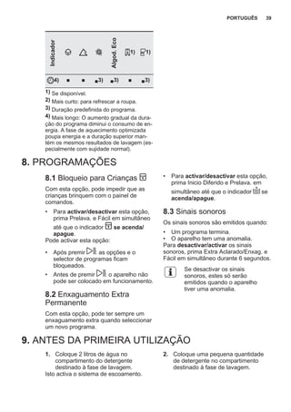 Indicador
Algod.Eco
1) 1)
4) ■ ■ ■3) ■3) ■ ■3)
1) Se disponível.
2) Mais curto: para refrescar a roupa.
3) Duração predefinida do programa.
4) Mais longo: O aumento gradual da dura‐
ção do programa diminui o consumo de en‐
ergia. A fase de aquecimento optimizada
poupa energia e a duração superior man‐
tém os mesmos resultados de lavagem (es‐
pecialmente com sujidade normal).
8. PROGRAMAÇÕES
8.1 Bloqueio para Crianças
Com esta opção, pode impedir que as
crianças brinquem com o painel de
comandos.
• Para activar/desactivar esta opção,
prima Prelava. e Fácil em simultâneo
até que o indicador se acenda/
apague.
Pode activar esta opção:
• Após premir : as opções e o
selector de programas ficam
bloqueados.
• Antes de premir : o aparelho não
pode ser colocado em funcionamento.
8.2 Enxaguamento Extra
Permanente
Com esta opção, pode ter sempre um
enxaguamento extra quando seleccionar
um novo programa.
• Para activar/desactivar esta opção,
prima Inicio Diferido e Prelava. em
simultâneo até que o indicador se
acenda/apague.
8.3 Sinais sonoros
Os sinais sonoros são emitidos quando:
• Um programa termina.
• O aparelho tem uma anomalia.
Para desactivar/activar os sinais
sonoros, prima Extra Aclarado/Enxag. e
Fácil em simultâneo durante 6 segundos.
Se desactivar os sinais
sonoros, estes só serão
emitidos quando o aparelho
tiver uma anomalia.
9. ANTES DA PRIMEIRA UTILIZAÇÃO
1. Coloque 2 litros de água no
compartimento do detergente
destinado à fase de lavagem.
Isto activa o sistema de escoamento.
2. Coloque uma pequena quantidade
de detergente no compartimento
destinado à fase de lavagem.
PORTUGUÊS 39
 