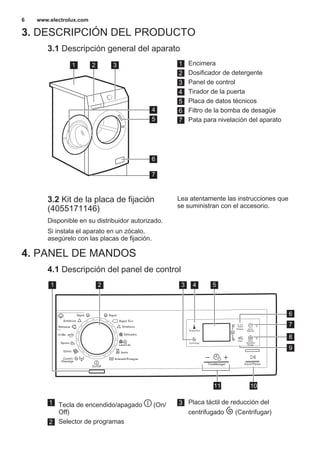 3. DESCRIPCIÓN DEL PRODUCTO
3.1 Descripción general del aparato
1 2 3
5
6
7
4
1 Encimera
2 Dosificador de detergente
3 Panel de control
4 Tirador de la puerta
5 Placa de datos técnicos
6 Filtro de la bomba de desagüe
7 Pata para nivelación del aparato
3.2 Kit de la placa de fijación
(4055171146)
Disponible en su distribuidor autorizado.
Si instala el aparato en un zócalo,
asegúrelo con las placas de fijación.
Lea atentamente las instrucciones que
se suministran con el accesorio.
4. PANEL DE MANDOS
4.1 Descripción del panel de control
TimeManager
Jeans
Lana/Lãs
Sports
Delicados
Sintéticos
Algod.
Refrescar
Sintéticos
Algod.
Edred.
Centrif./
Descarga
Aclarado/Enxaguar
On/Off
14 Min.
Algod. Eco
Inicio/Pausa
Temperatura
Centrifugar
Inicio
Diferido
Fácil Extra
Aclarado/
Enxag.
Prelava.
53 4
1011
8
7
9
6
1 2
1 Tecla de encendido/apagado (On/
Off)
2 Selector de programas
3 Placa táctil de reducción del
centrifugado (Centrifugar)
www.electrolux.com6
 