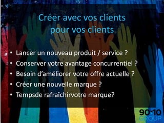 Impact sur la CommunicationMoins de format de diffusionUn espace conversationnel à la placePlus direct et transparentUn engagement de la marqueDes conversations transmises par bouche à oreilleCréation de relais et communautés de la marqueUne mesure efficace et un meilleur ROI© 90:10 Group     Page 20